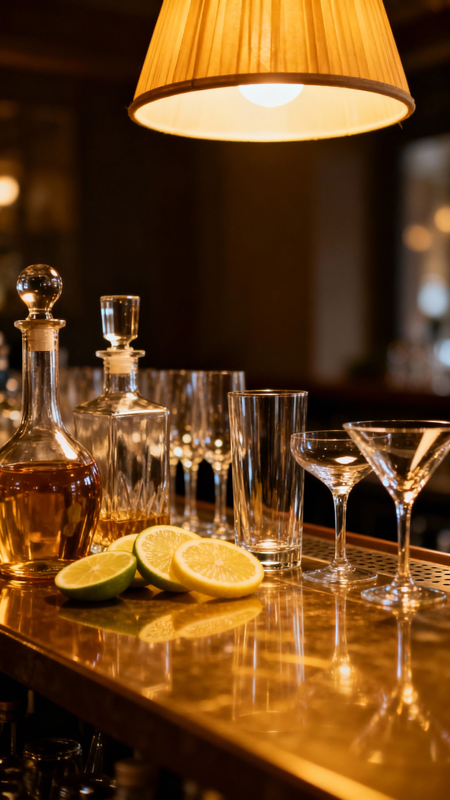Bar scene: decanters, citrus wheels, uniform glassware, warm lamp