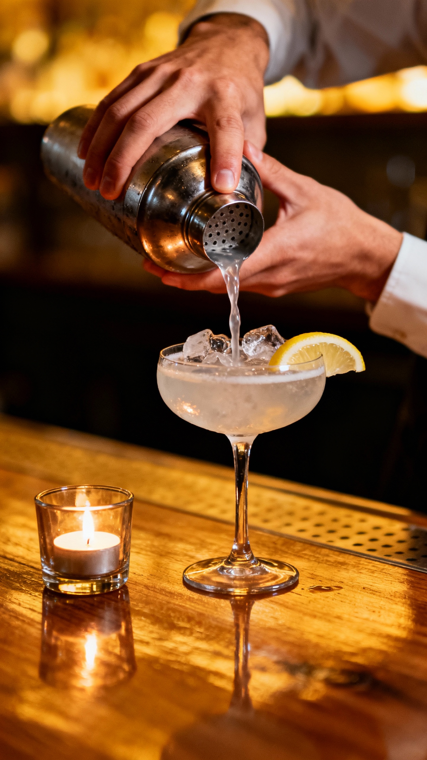 Bartender hands pouring drinks at cocktail table with candles