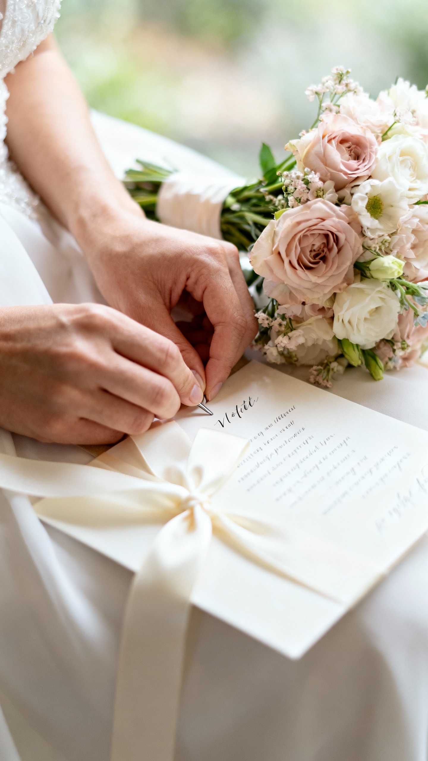 Bride’s hands pinning vow card, ivory ribbon, soft bouquet