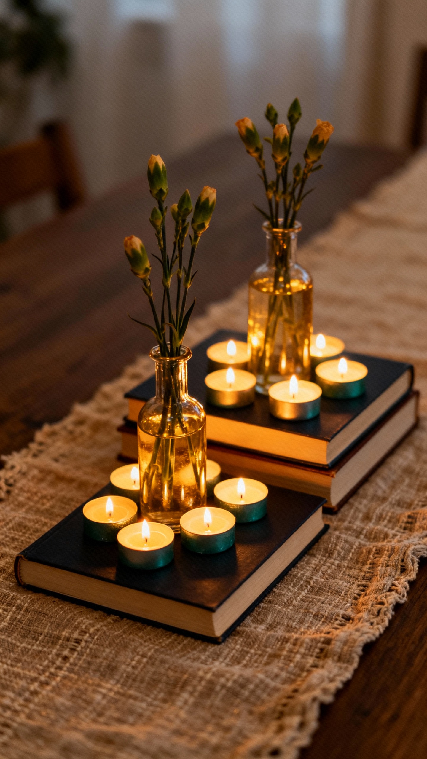 Bud vases and tealights clustered on books-as-risers, mixed heights, warm candlelight, textured tabl