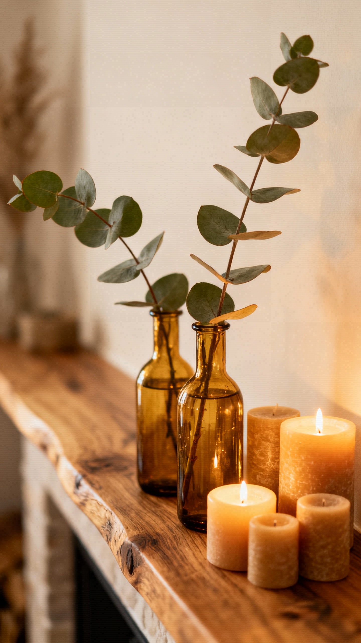 Bud vases with eucalyptus on wooden mantle, clustered candles