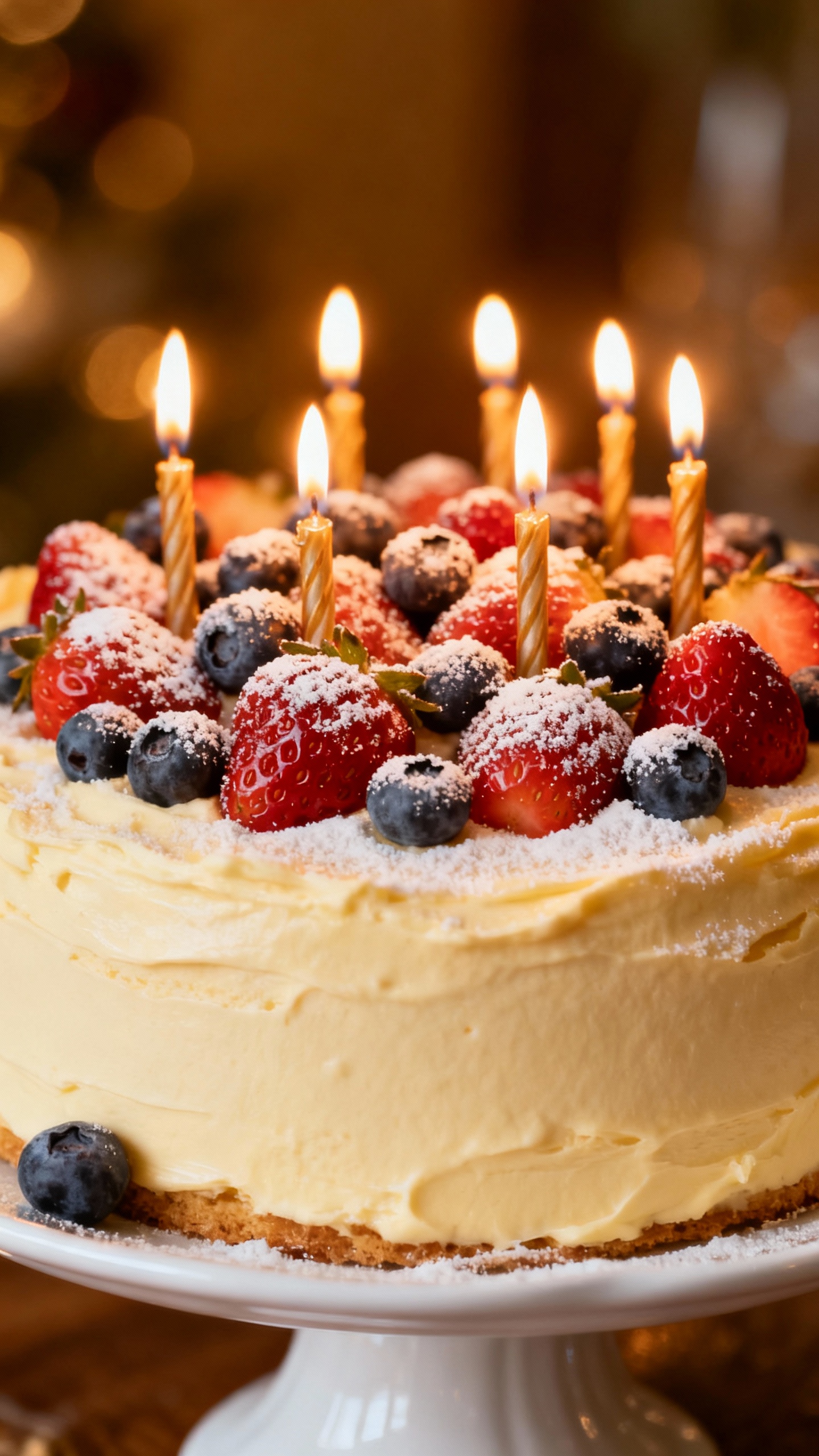 Cake spotlighted on stand, berries, powdered sugar, candles