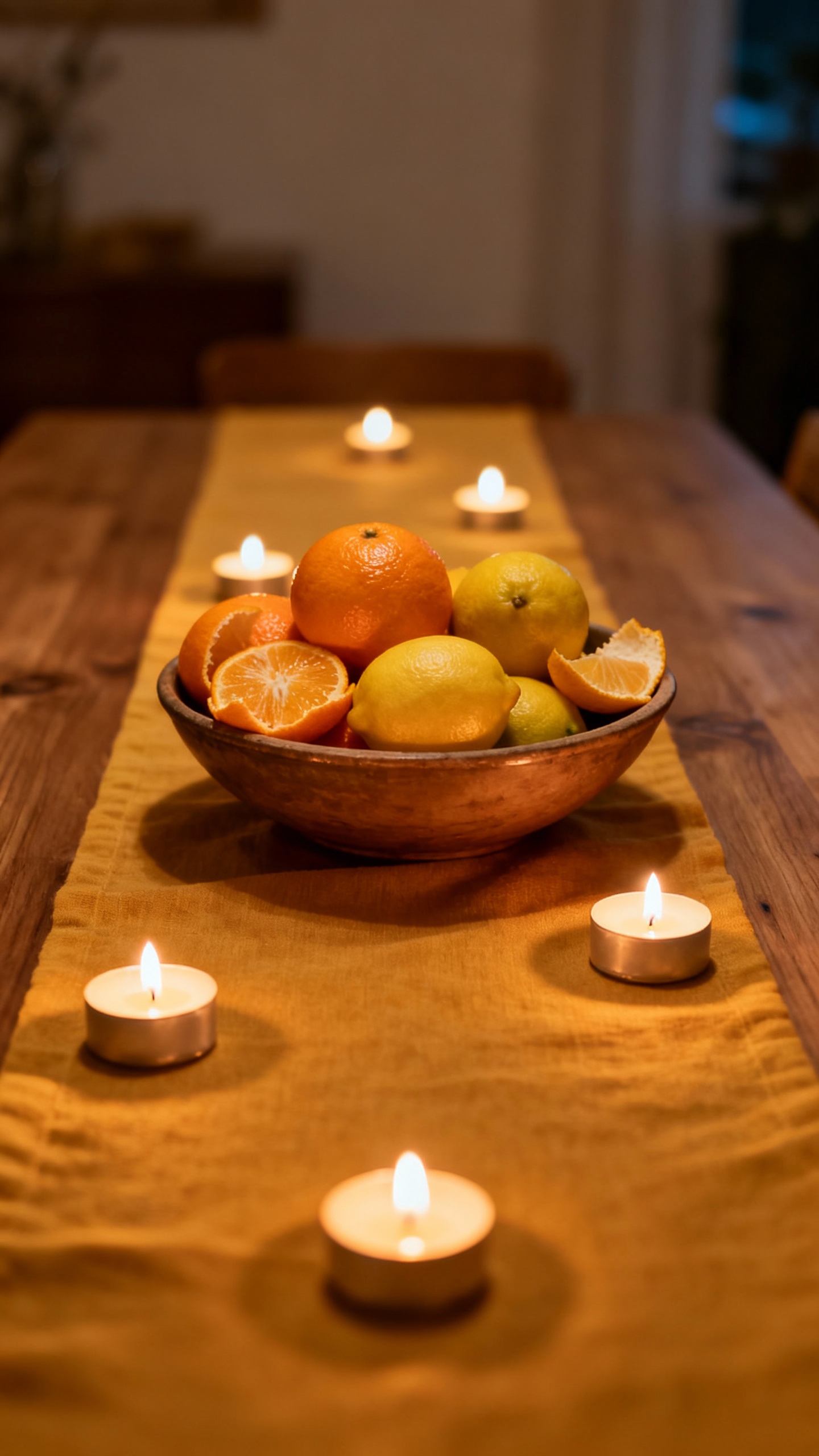 Candlelit table with single-color runner, tea lights, bowl of citrus