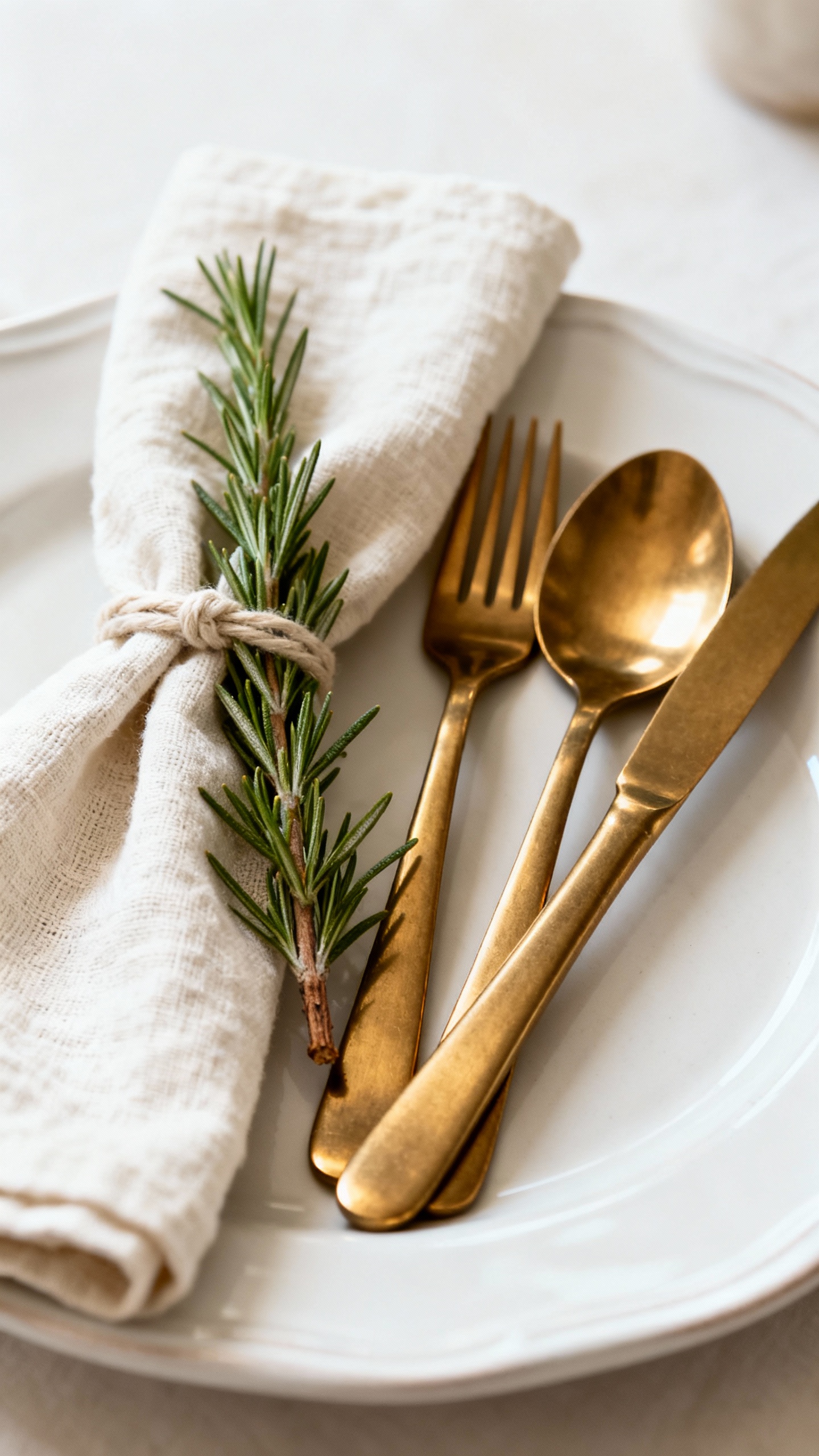 Charger plate with knotted linen napkin and rosemary sprig, brass flatware