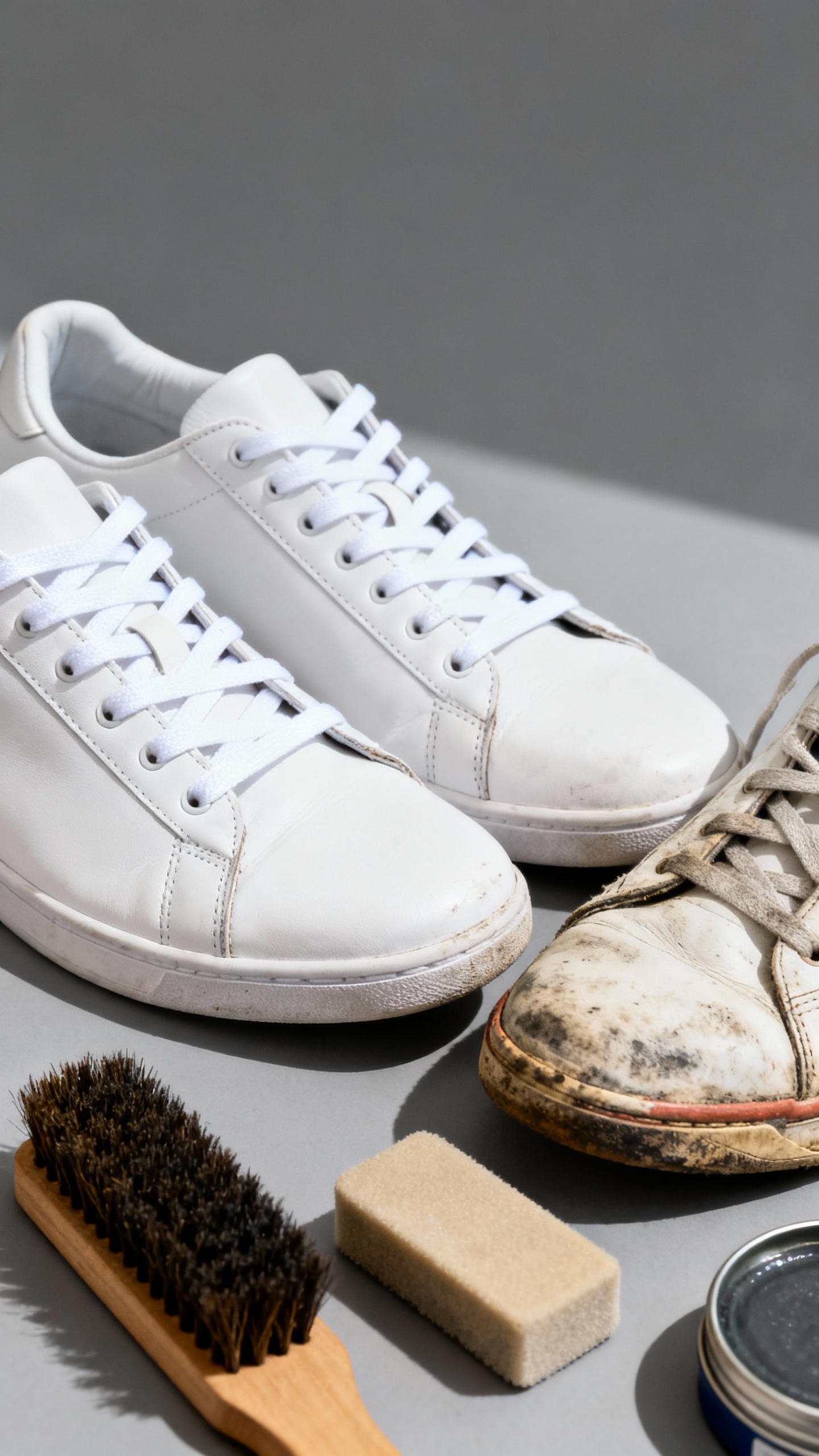 Clean white sneakers beside scuffed pair, shoe care kit closeup