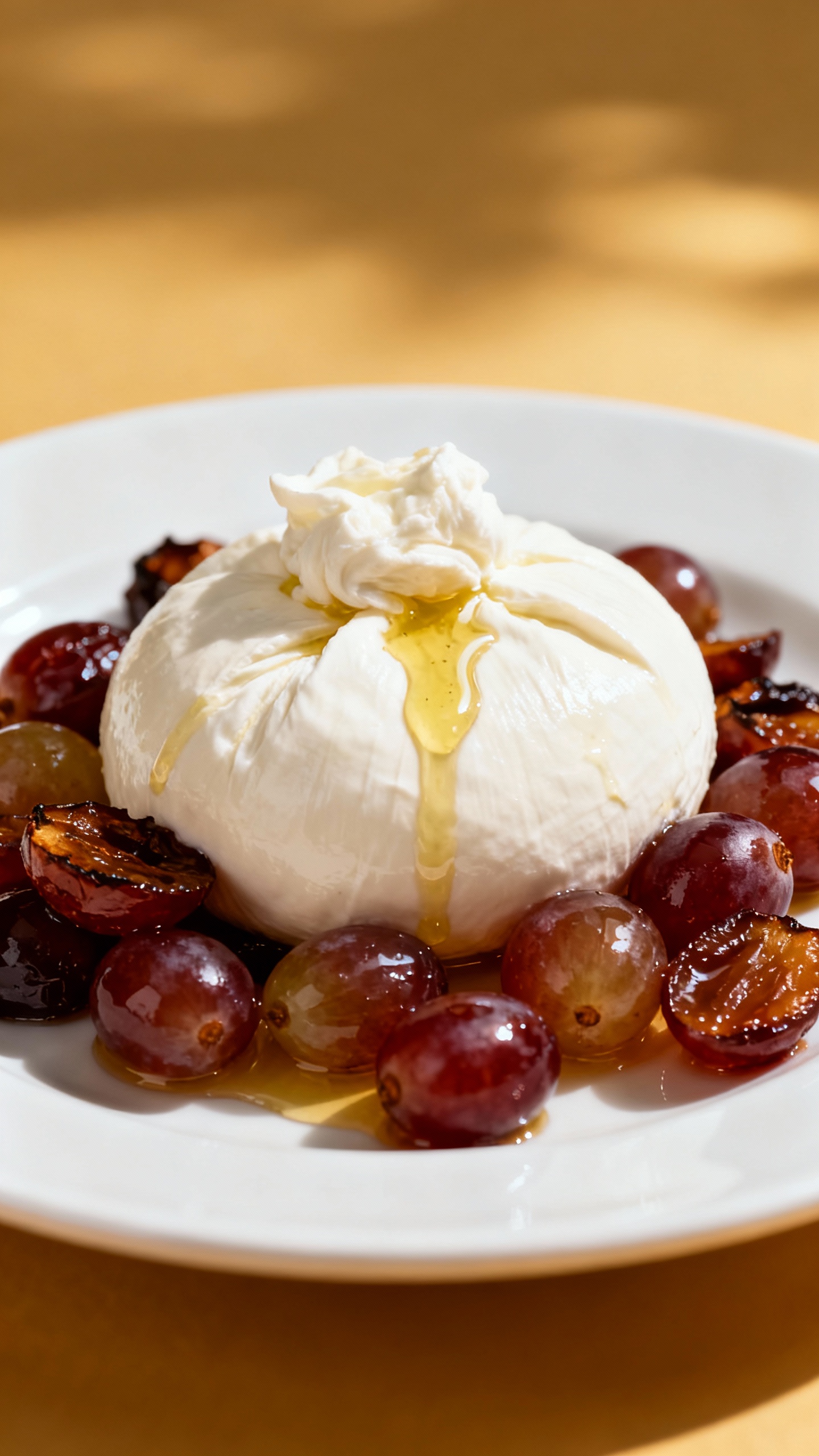 Closeup burrata with roasted grapes on white plate, olive oil drizzle