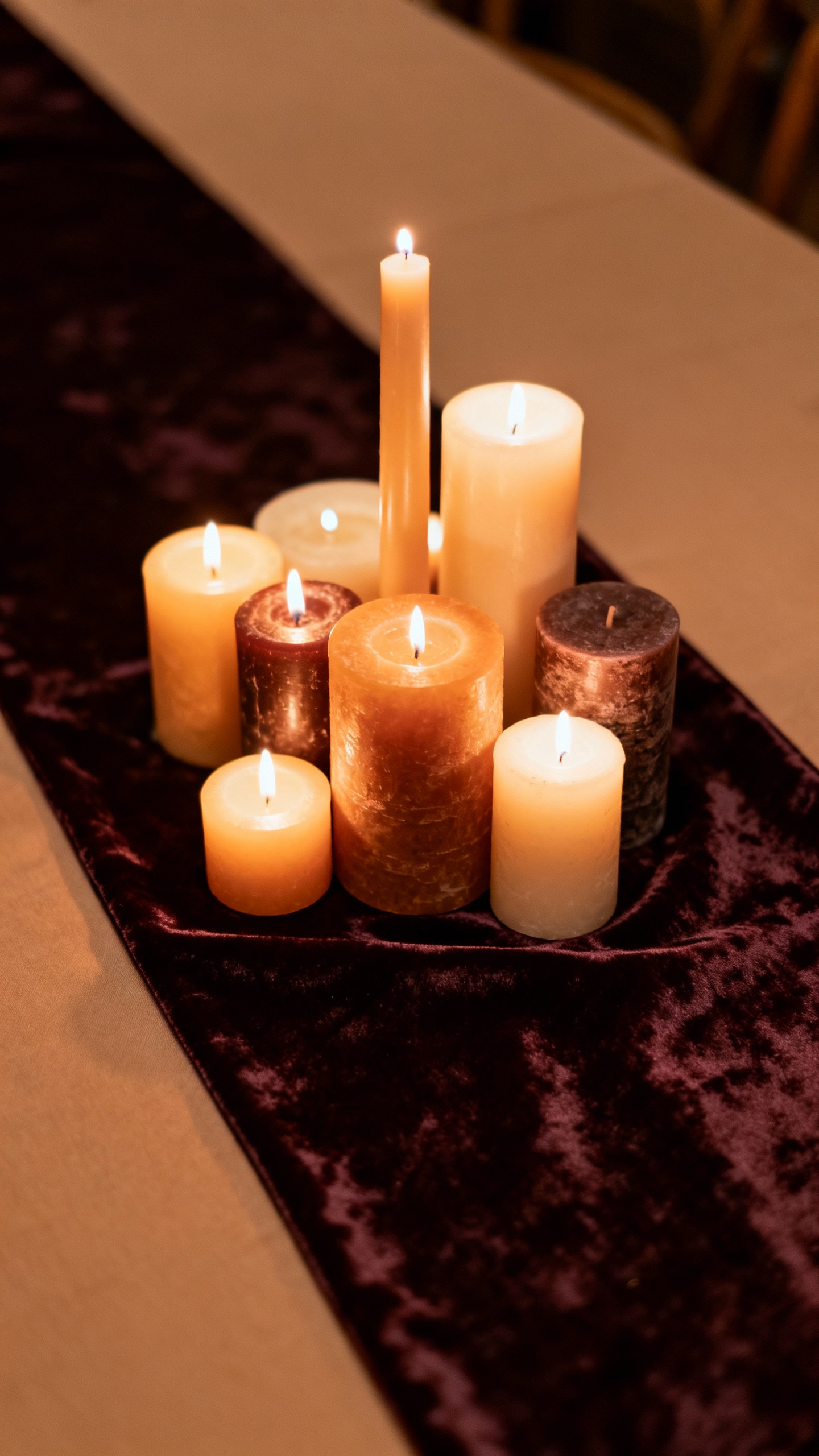 Closeup cluster of mixed candles on velvet runner, warm amber glow