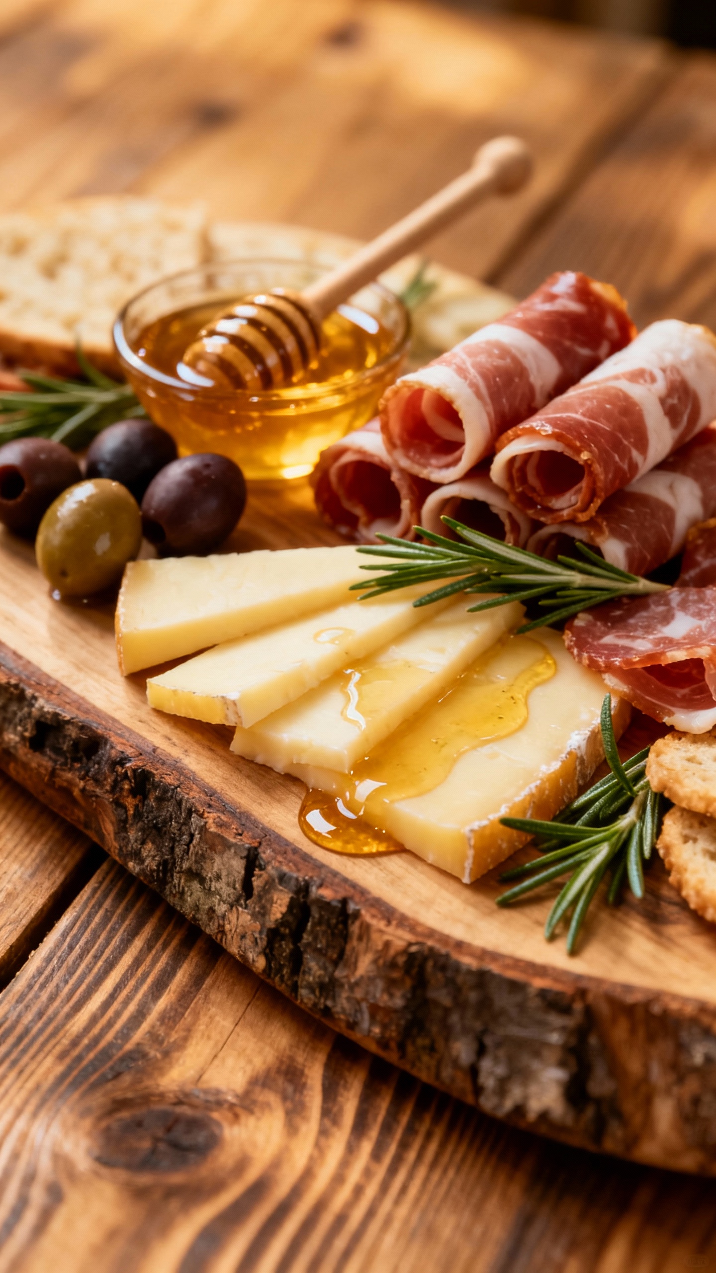 Closeup grazing board: cheese, cured meats, olives, honey drizzle, rosemary, rustic wood table