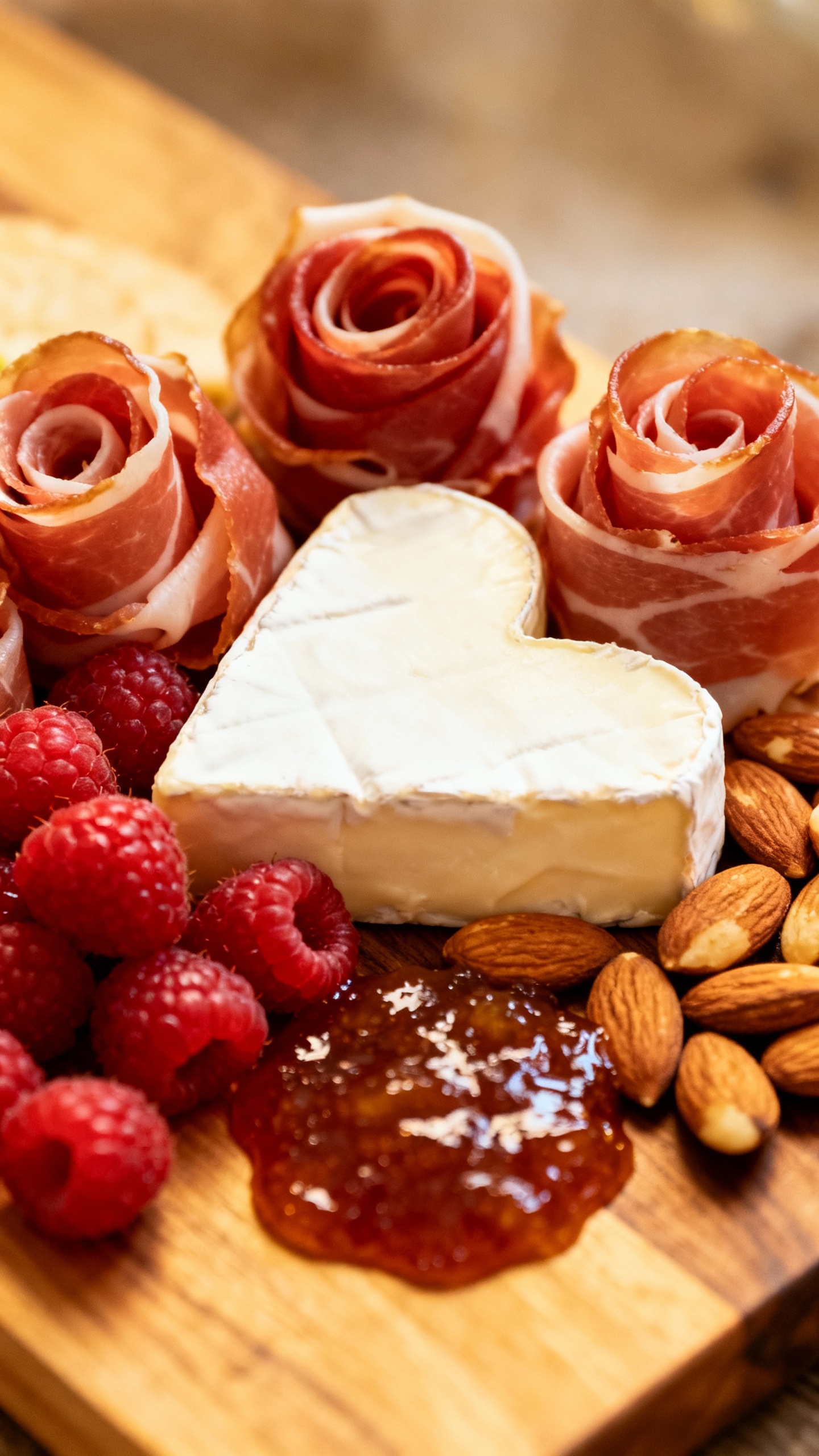 Closeup grazing board, prosciutto roses, heart-shaped brie, raspberries, marcona almonds, fig jam