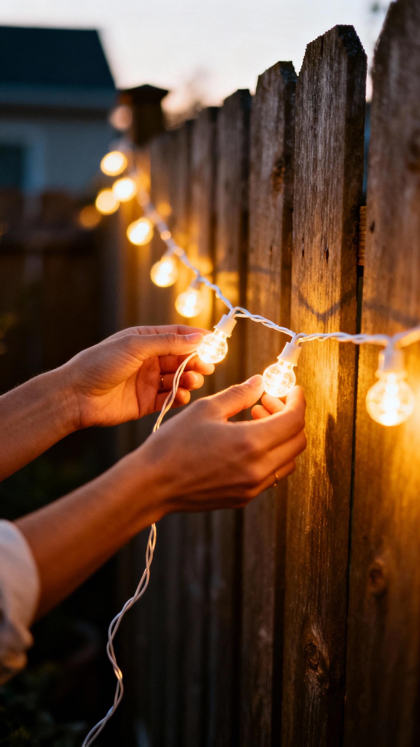 Closeup hands hanging warm white string lights, backyard fence, dusk