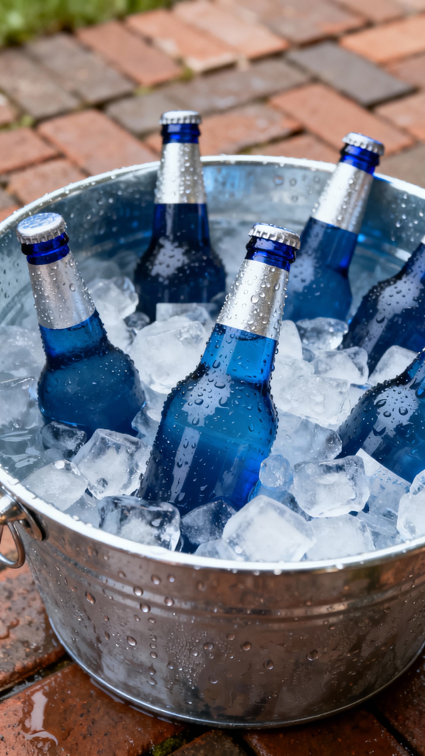 Closeup ice-filled metal tub with bottled drinks, condensation, patio bricks