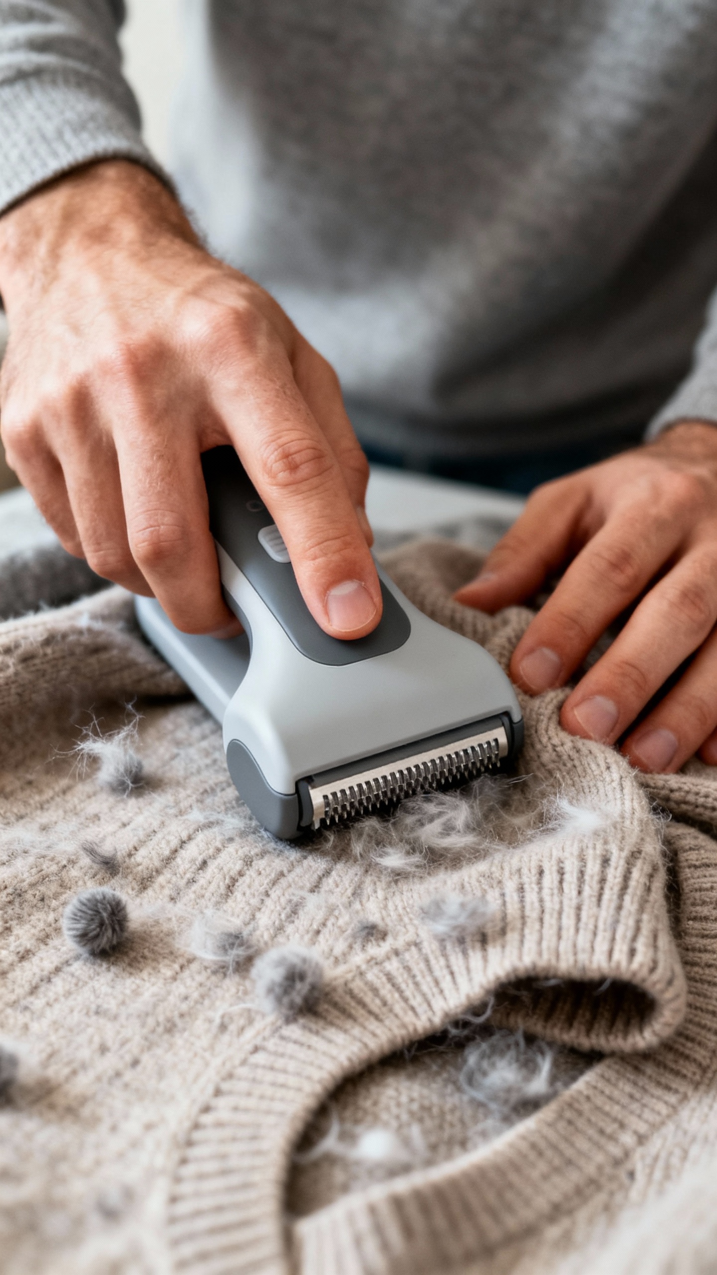 Closeup male hands using fabric shaver on pilled sweater
