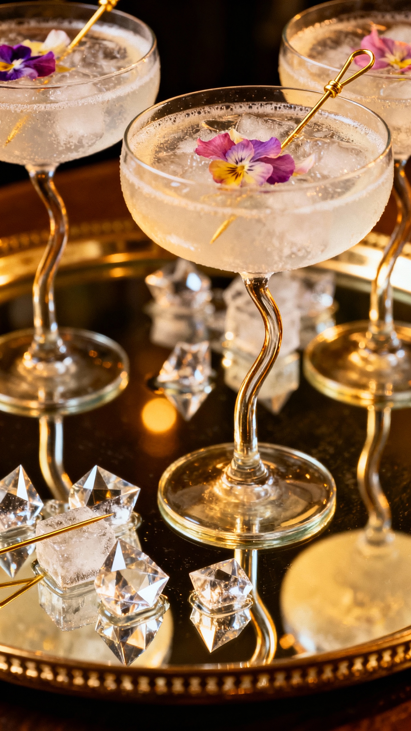Closeup mirrored bar tray with vintage coupes, edible-flowers gin fizz, gold cocktail picks, crystal