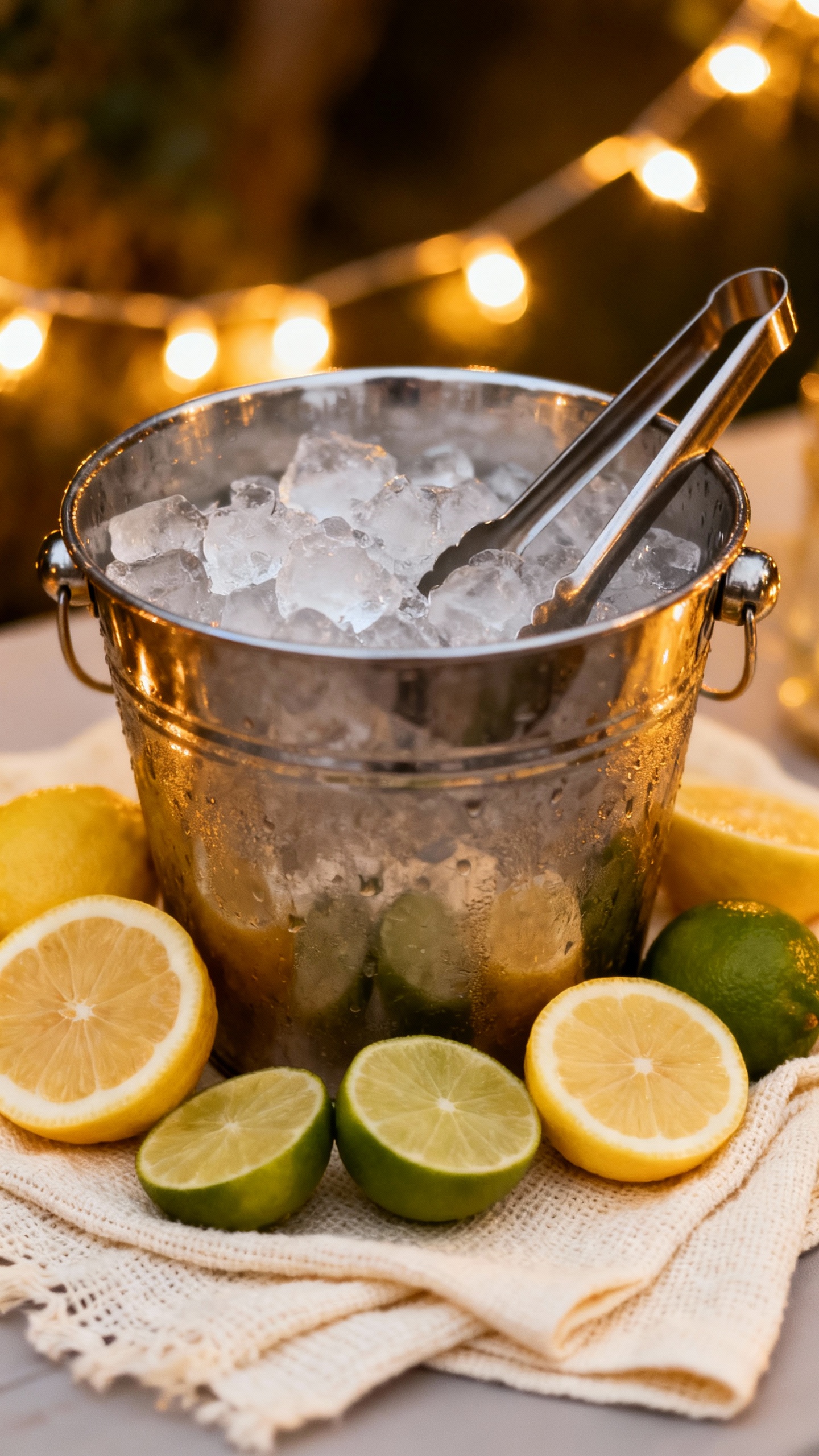 Closeup of bar cart setup: ice-filled bucket, sliced citrus, metal tongs, textured napkins, warm str