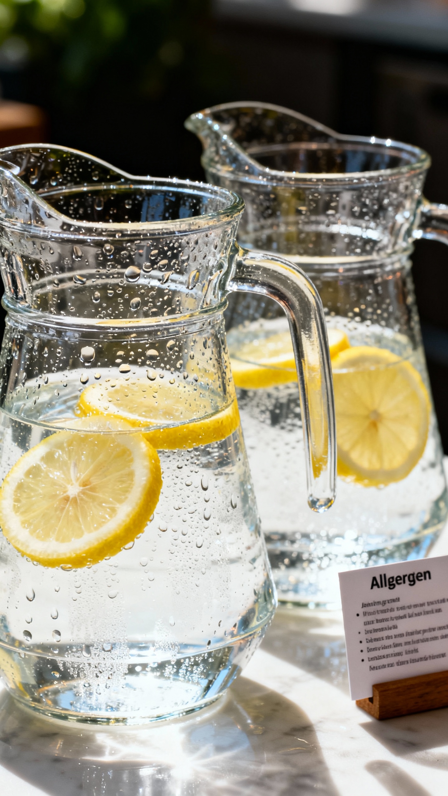 Closeup of buffet hydration station: clear pitchers, labeled allergen cards, lemon slices, condensat