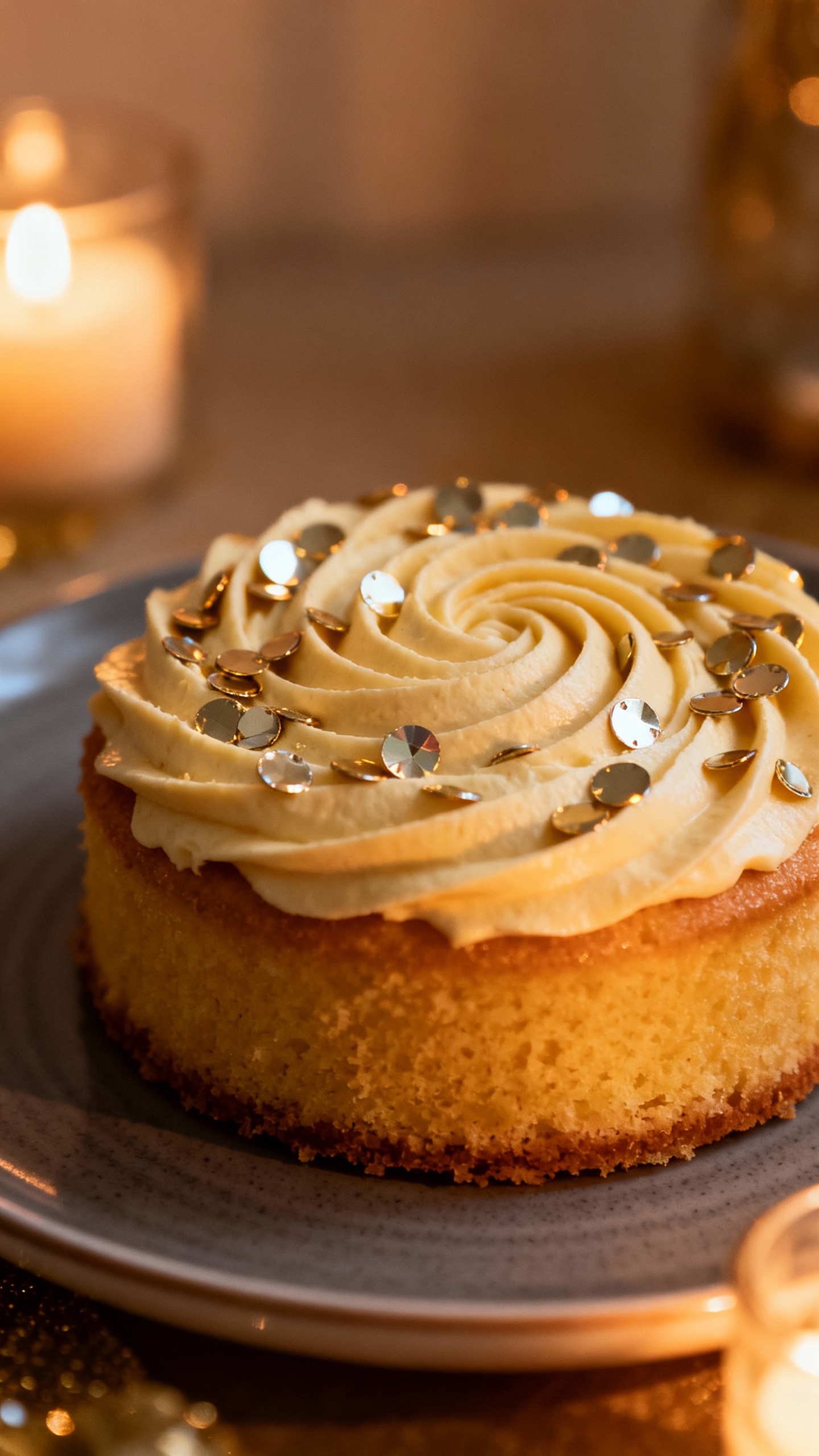 Closeup of buttercream swirl cake with metallic sequins, monochrome plates, warm candlelight