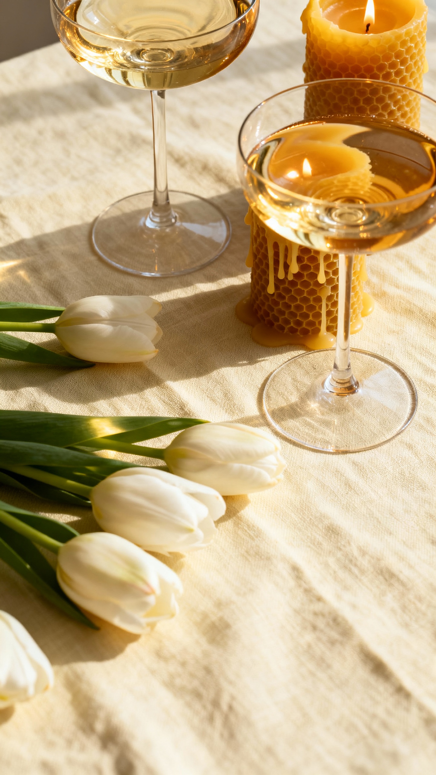 Closeup of champagne coupes on linen table, beeswax candles, white tulips