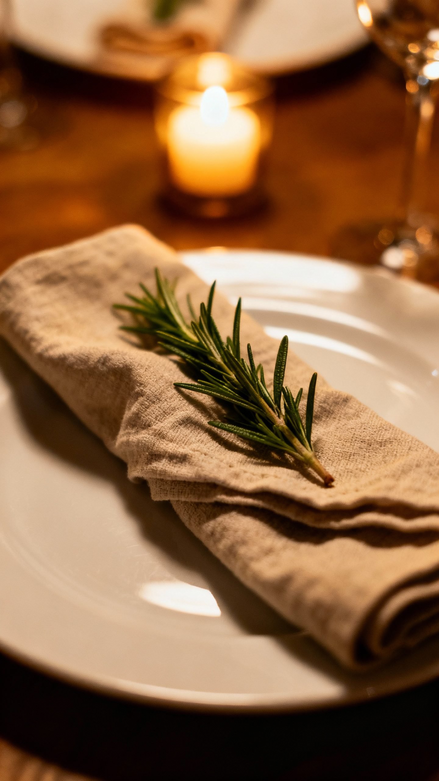 Closeup of cloth napkin with herb sprig on white plate, candlelight
