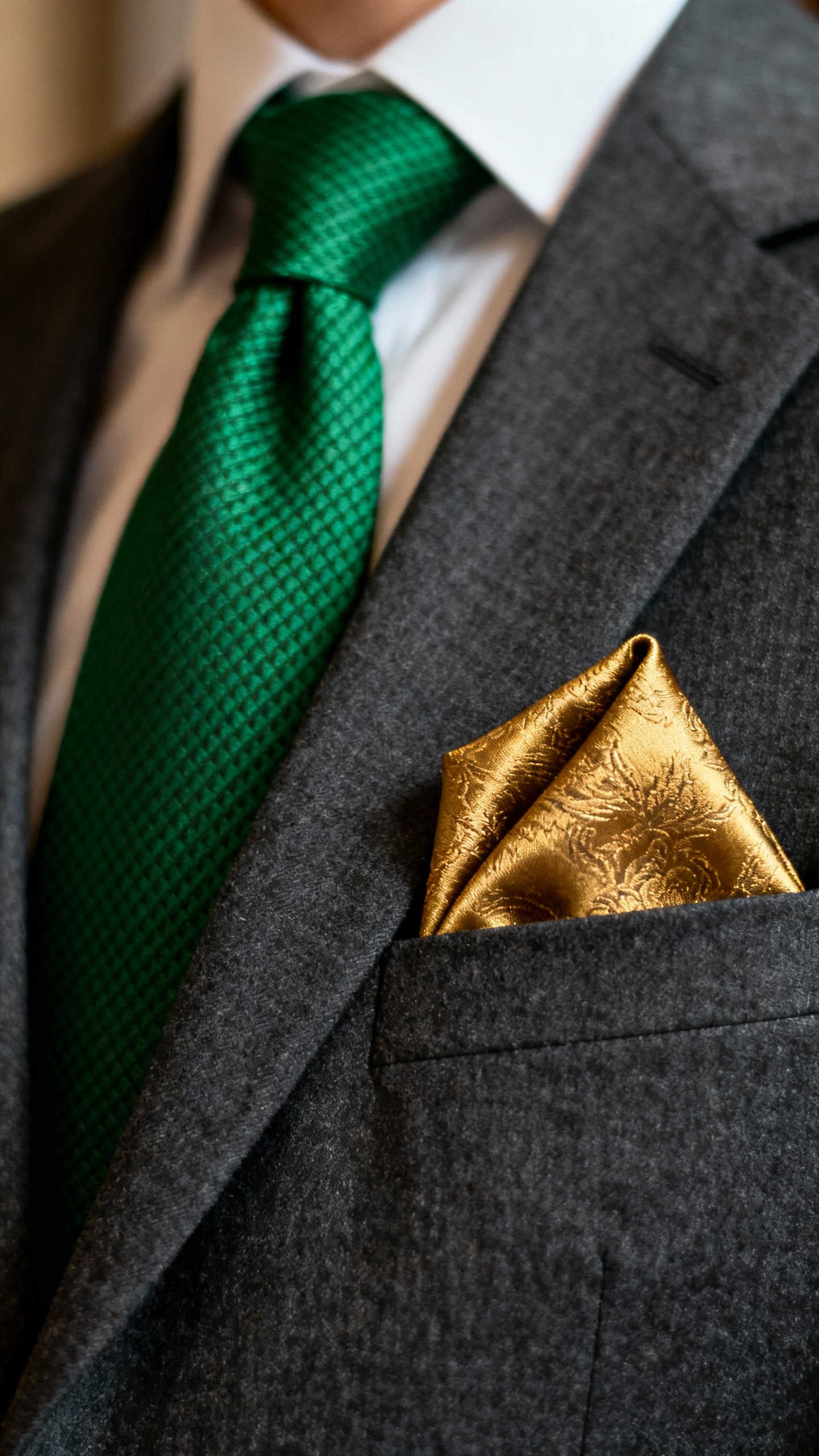 Closeup of emerald tie and antique gold pocket square on charcoal suit