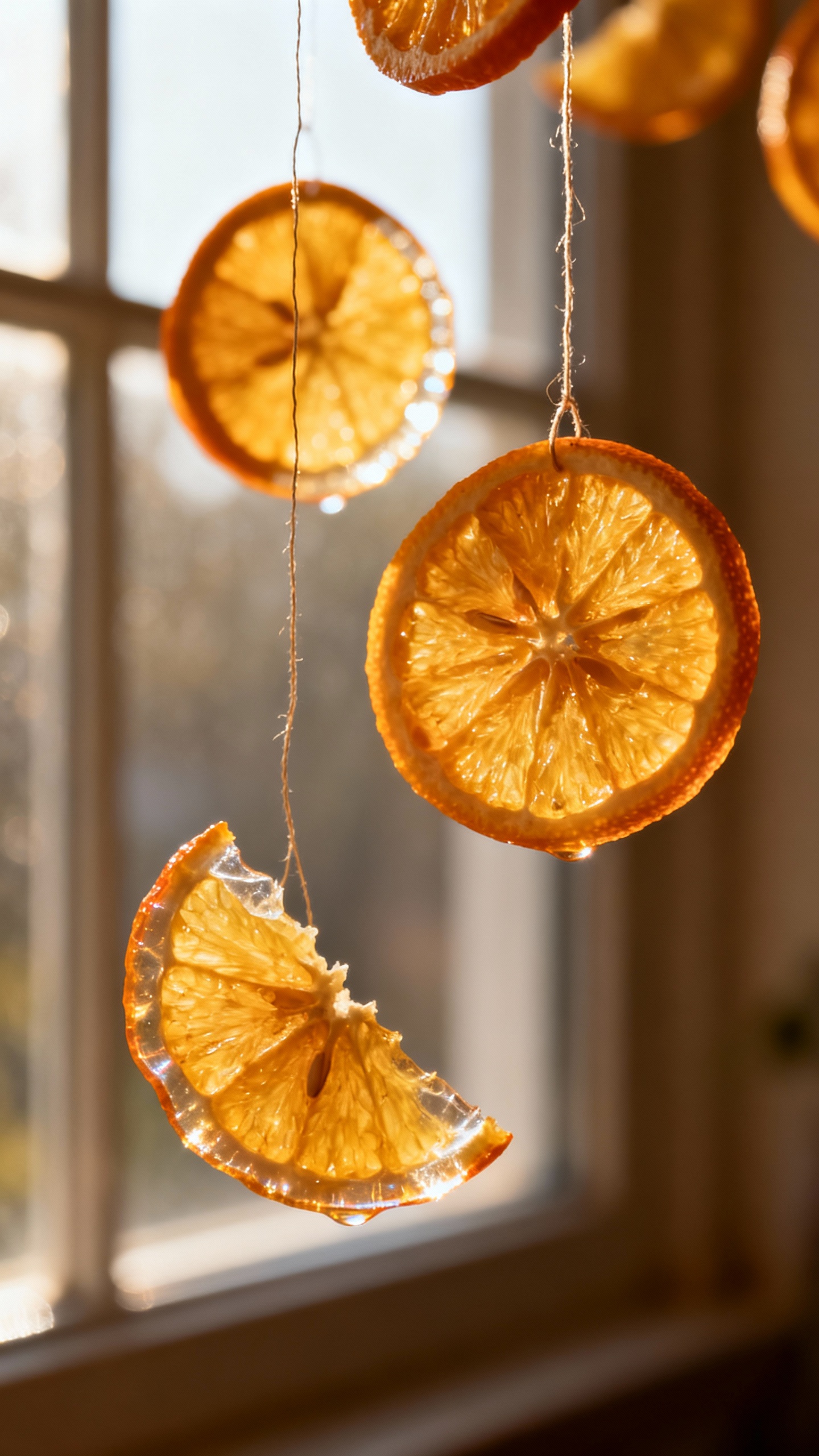 Closeup of fishing line “floating” dried orange slices hanging, soft window light