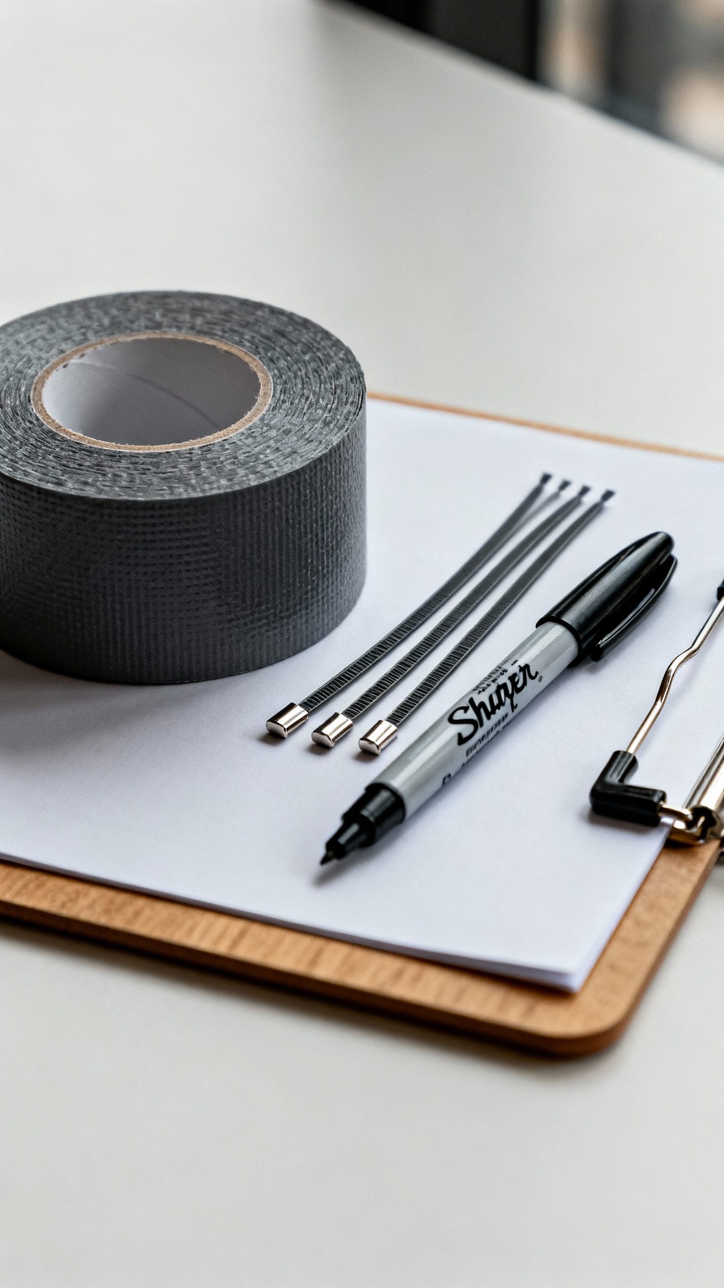 Closeup of gaffer tape, zip ties, sharpie on clipboard