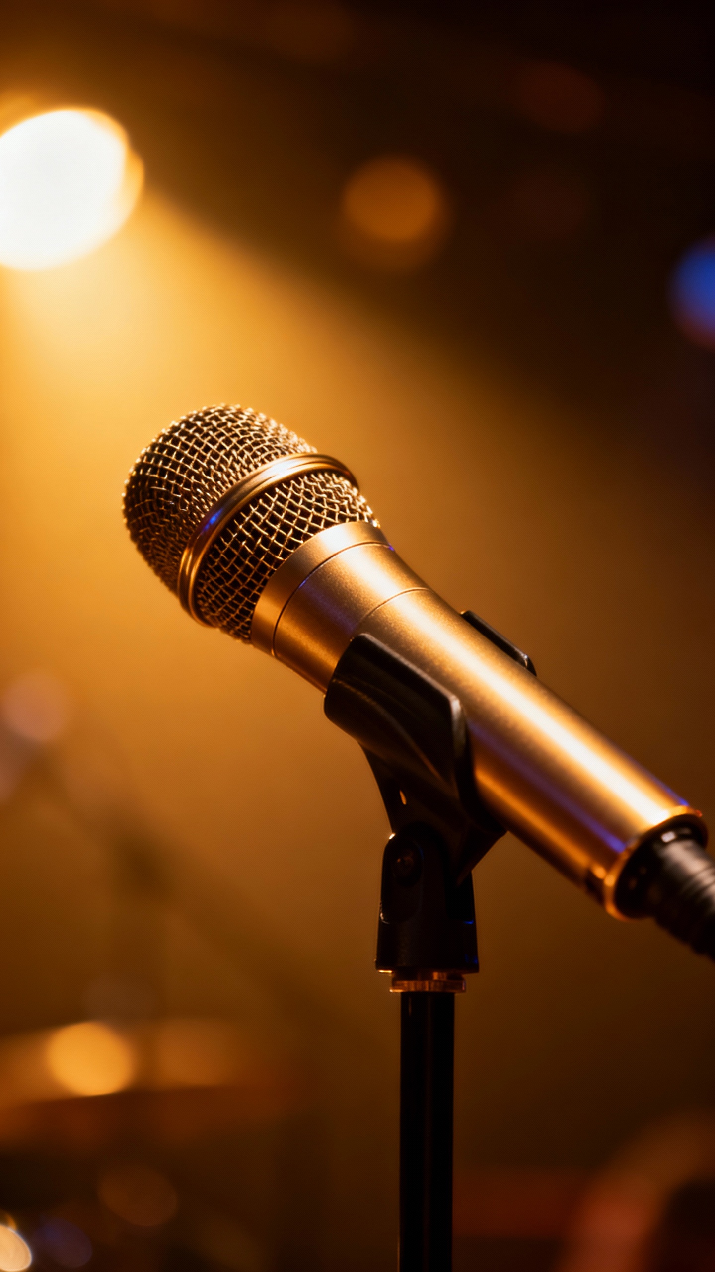Closeup of handheld microphone under warm stage lighting