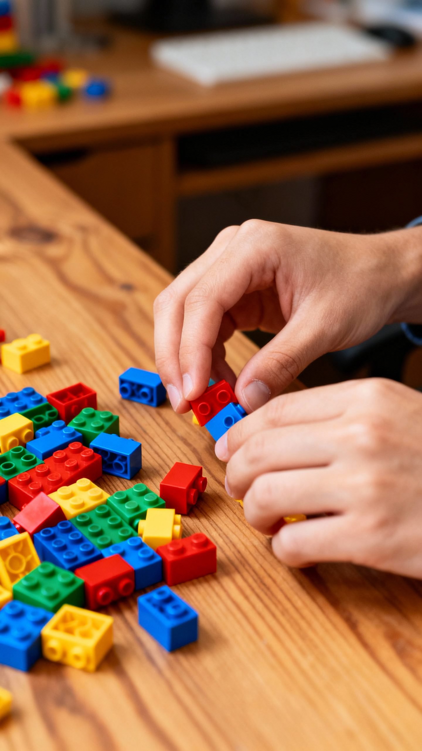Closeup of hands sorting colorful Lego bricks on wooden desk