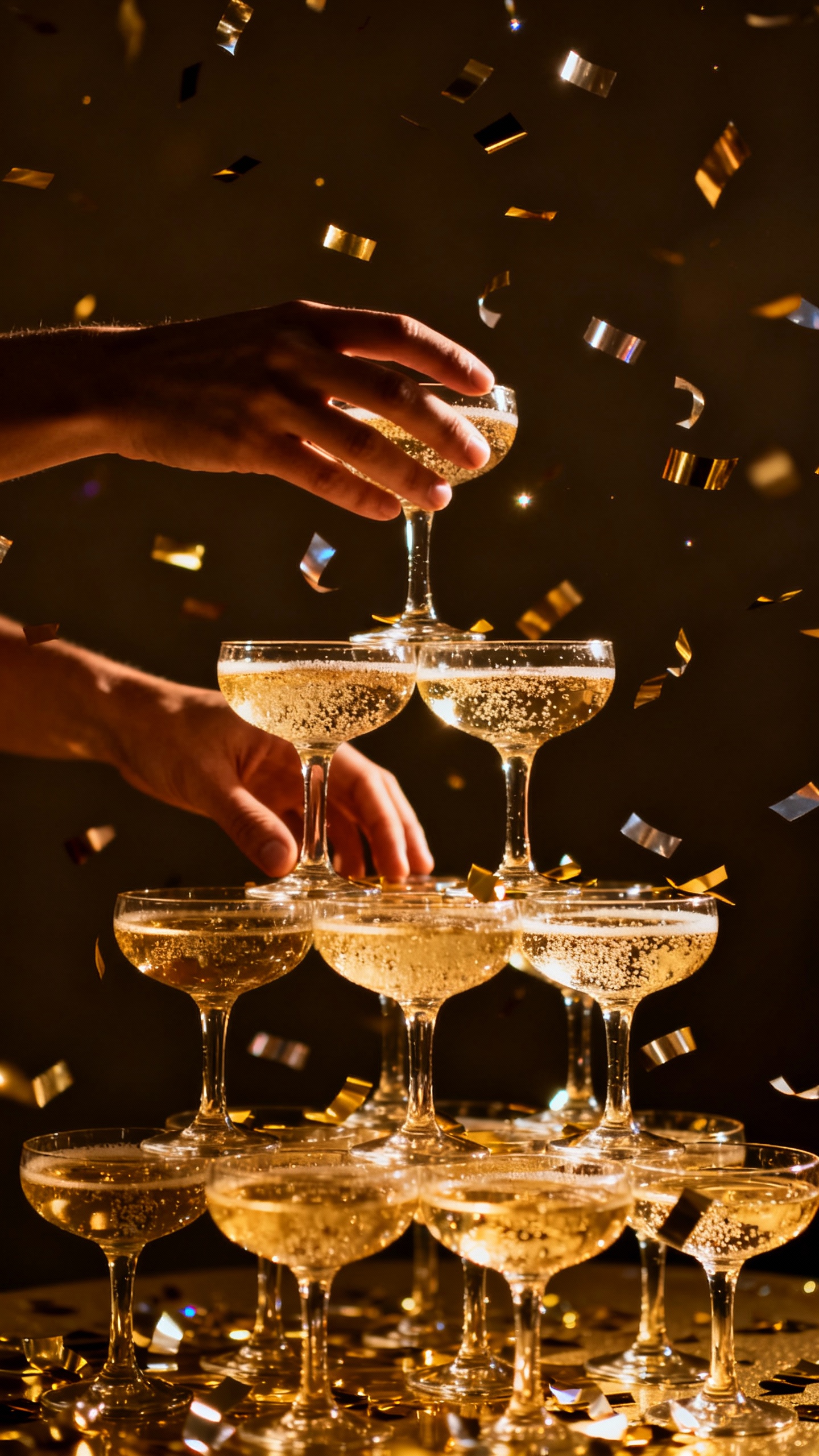 Closeup of hands stacking champagne tower, metallic confetti, dramatic lighting