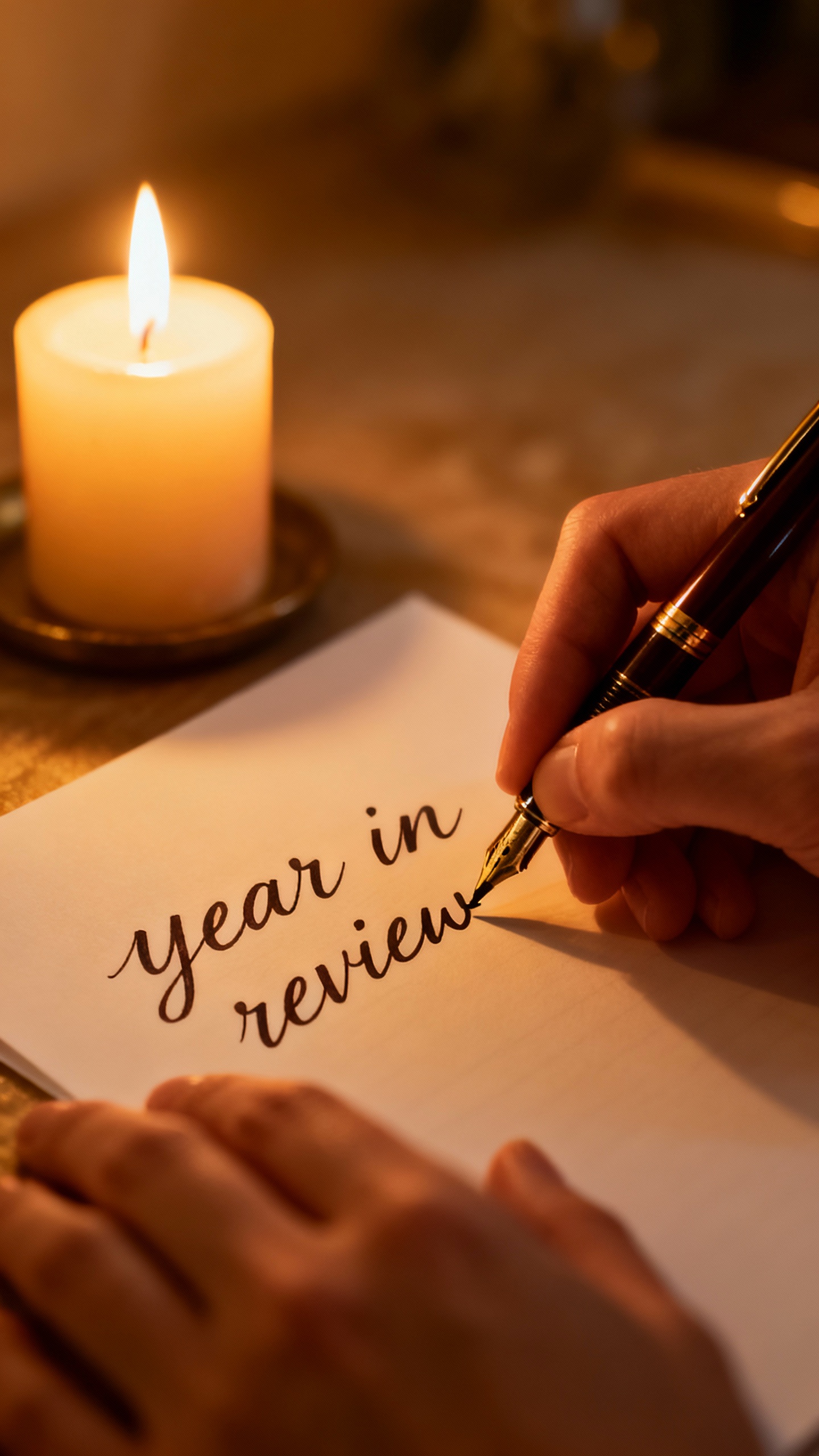 Closeup of hands writing “year in review” letter with fountain pen, single candle nearby