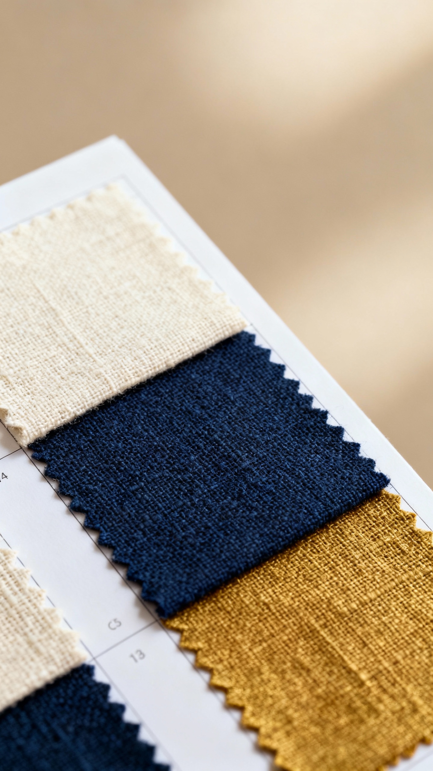 Closeup of linen swatch book with ivory, navy, antique gold fabrics