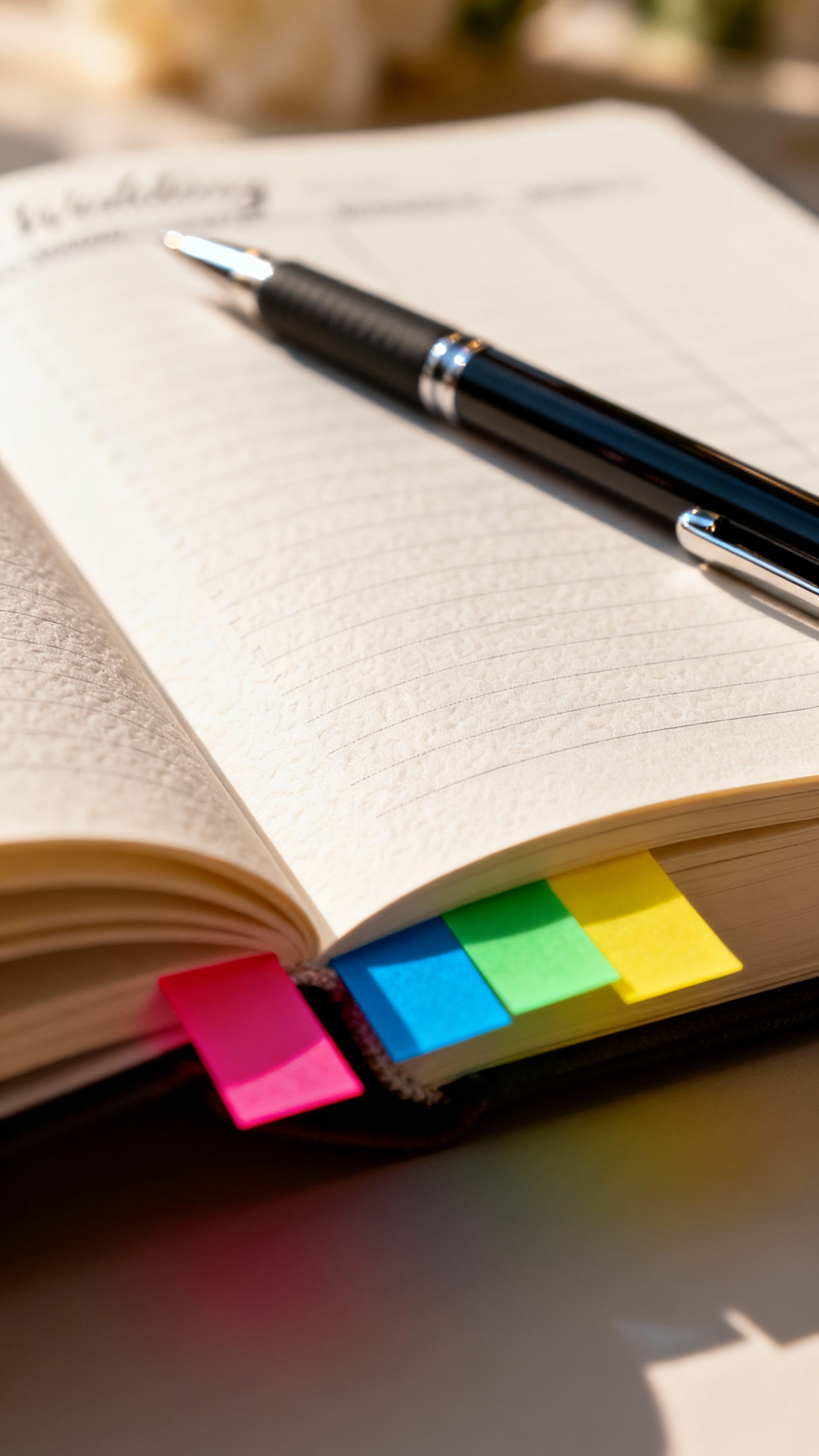 Closeup of open wedding planning notebook, colorful tabs, pen