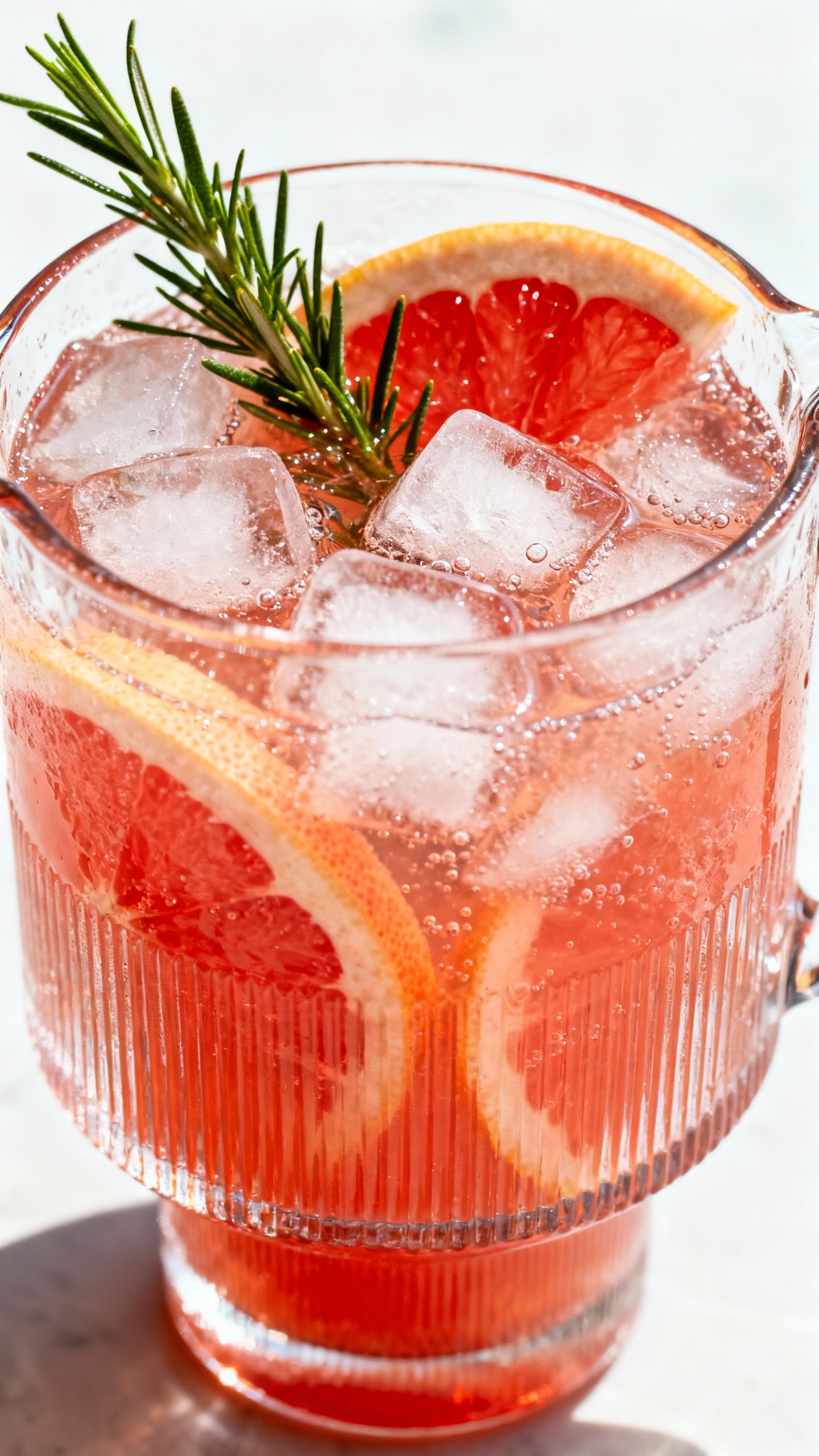 Closeup of pitcher grapefruit gin spritz, big ice, rosemary, citrus wedges