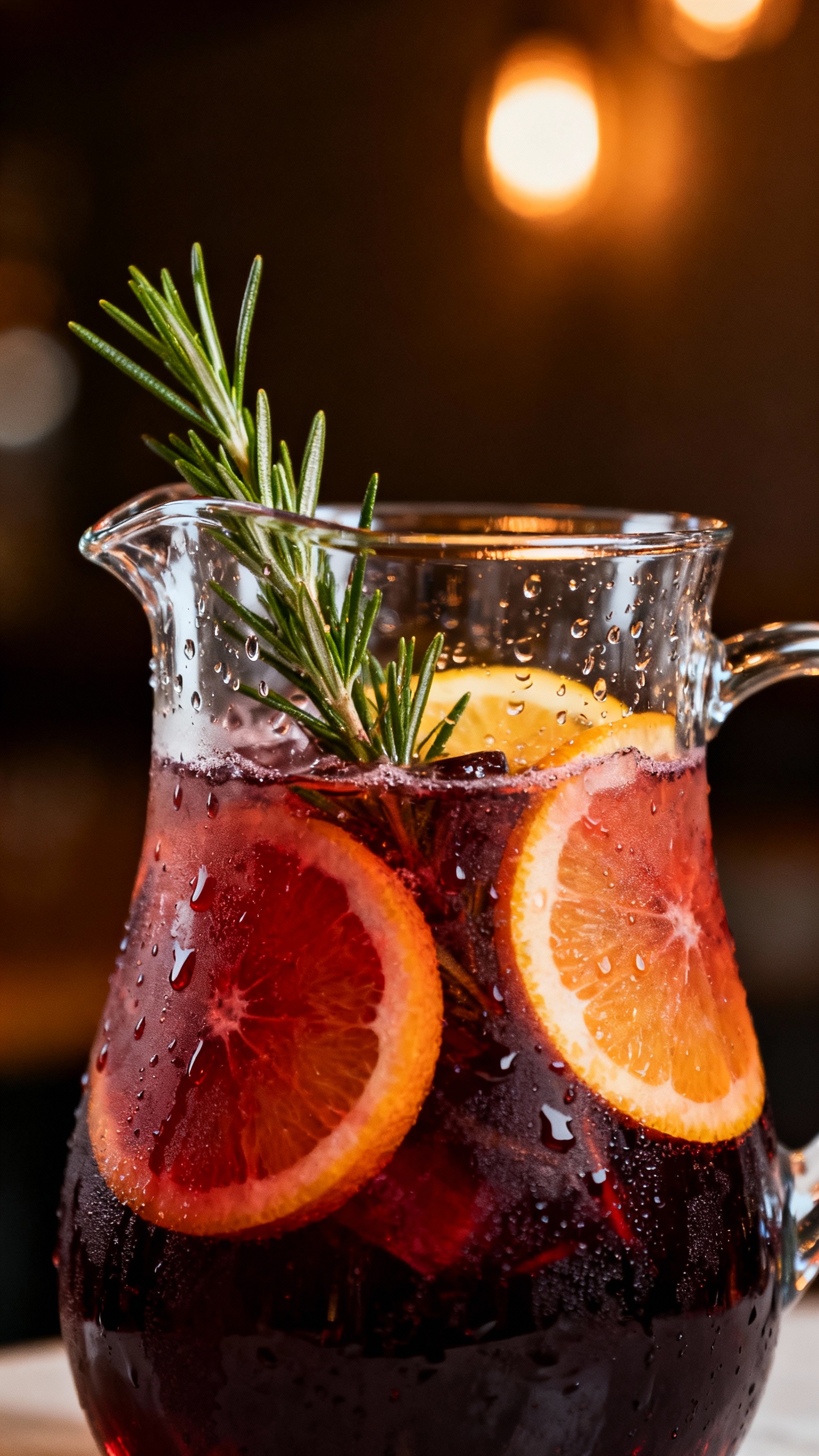 Closeup of rosemary-garnished “Midnight Spritz” in clear pitcher, citrus slices, condensation, w