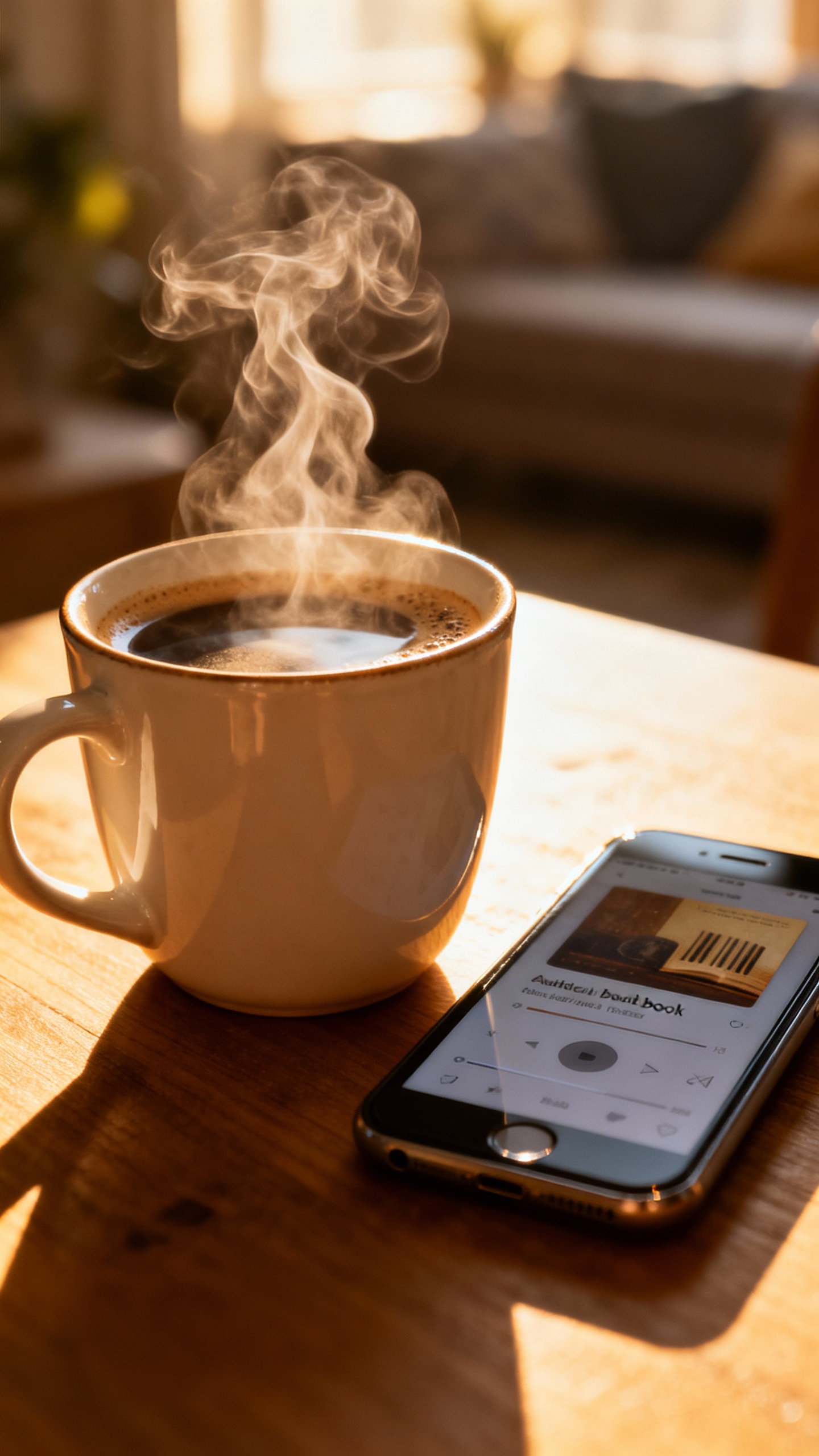 Closeup of steaming coffee beside audiobook-loaded phone, soft morning light