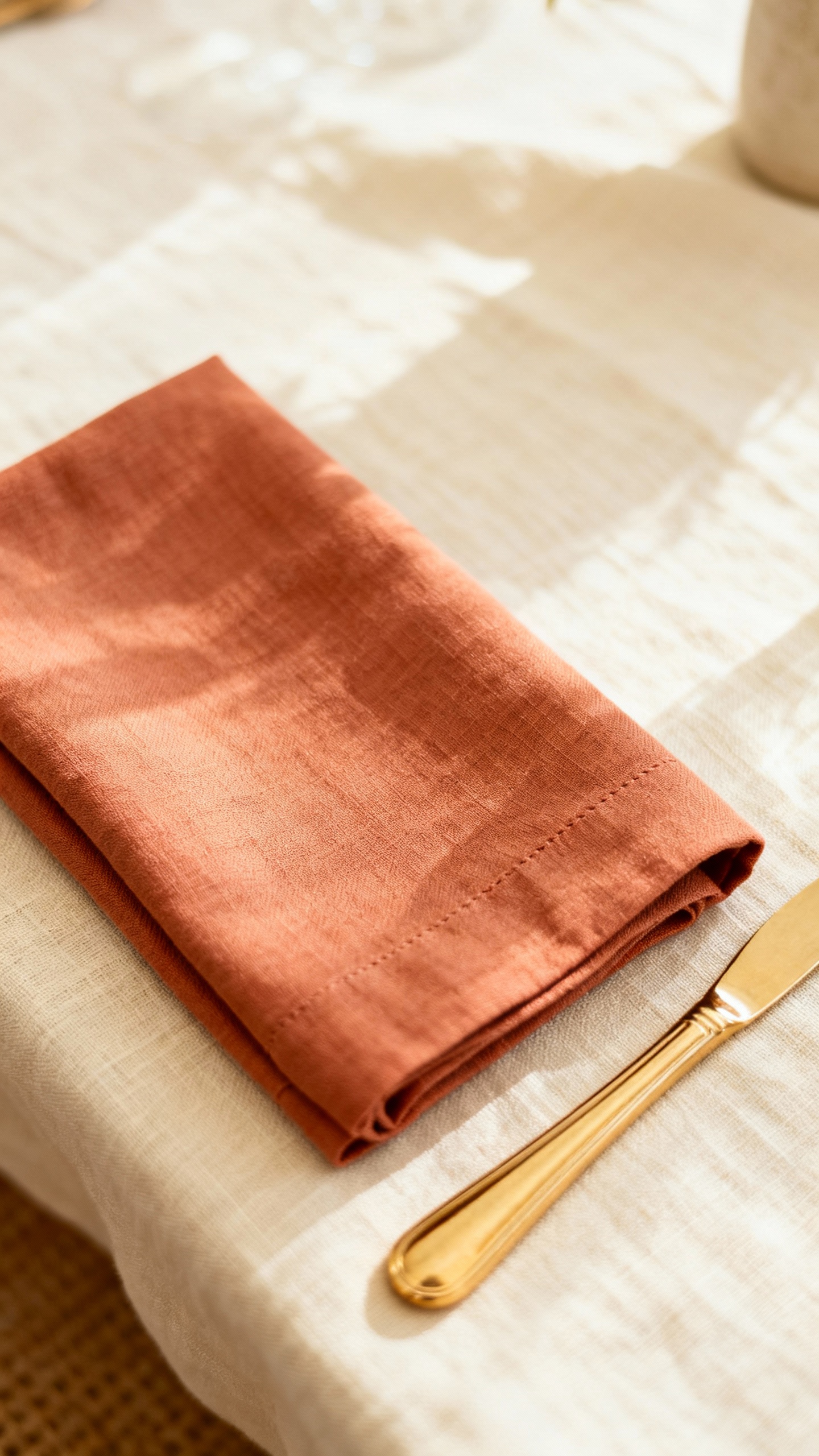 Closeup of terracotta napkin on cream linen, gold flatware