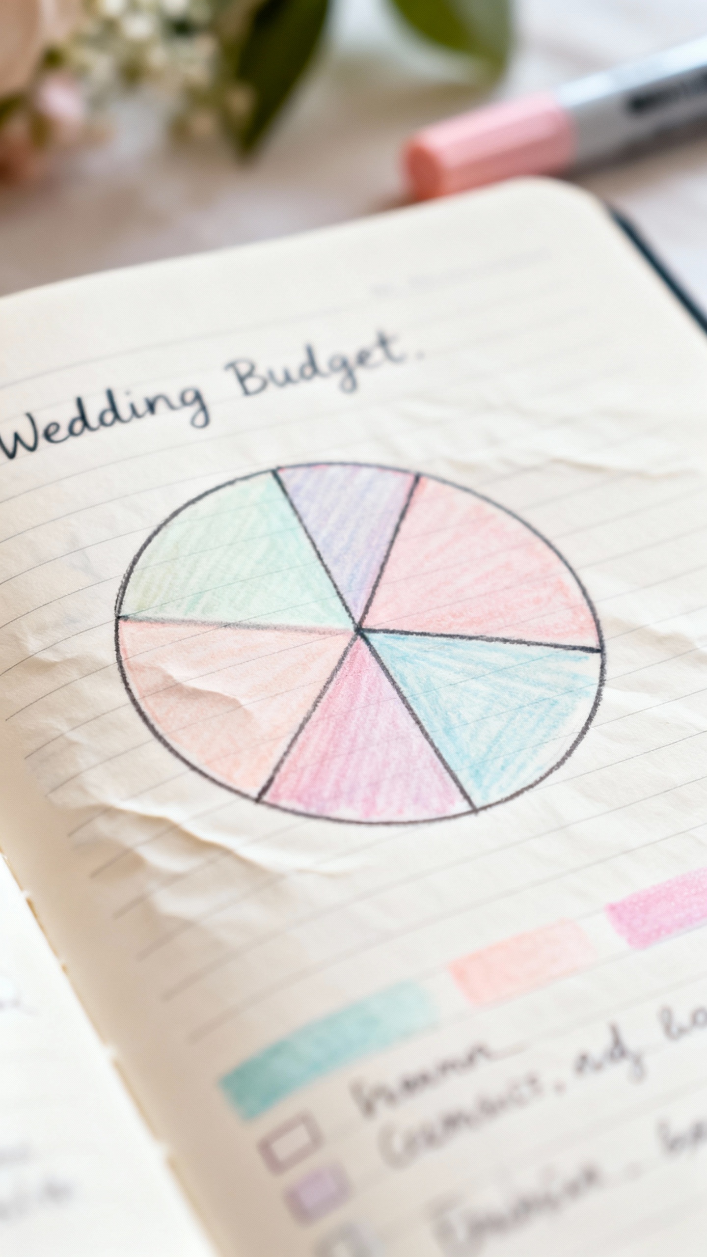 Closeup of wedding budget notebook, pie chart, pastel highlighters