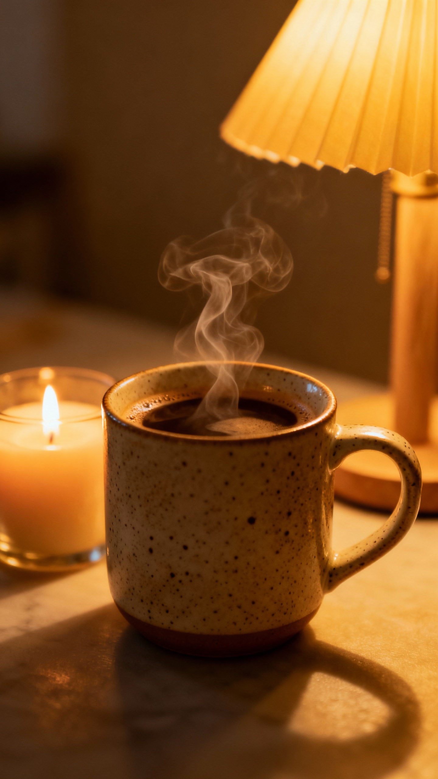 Closeup steaming coffee in speckled ceramic mug, morning candle, warm lamp glow