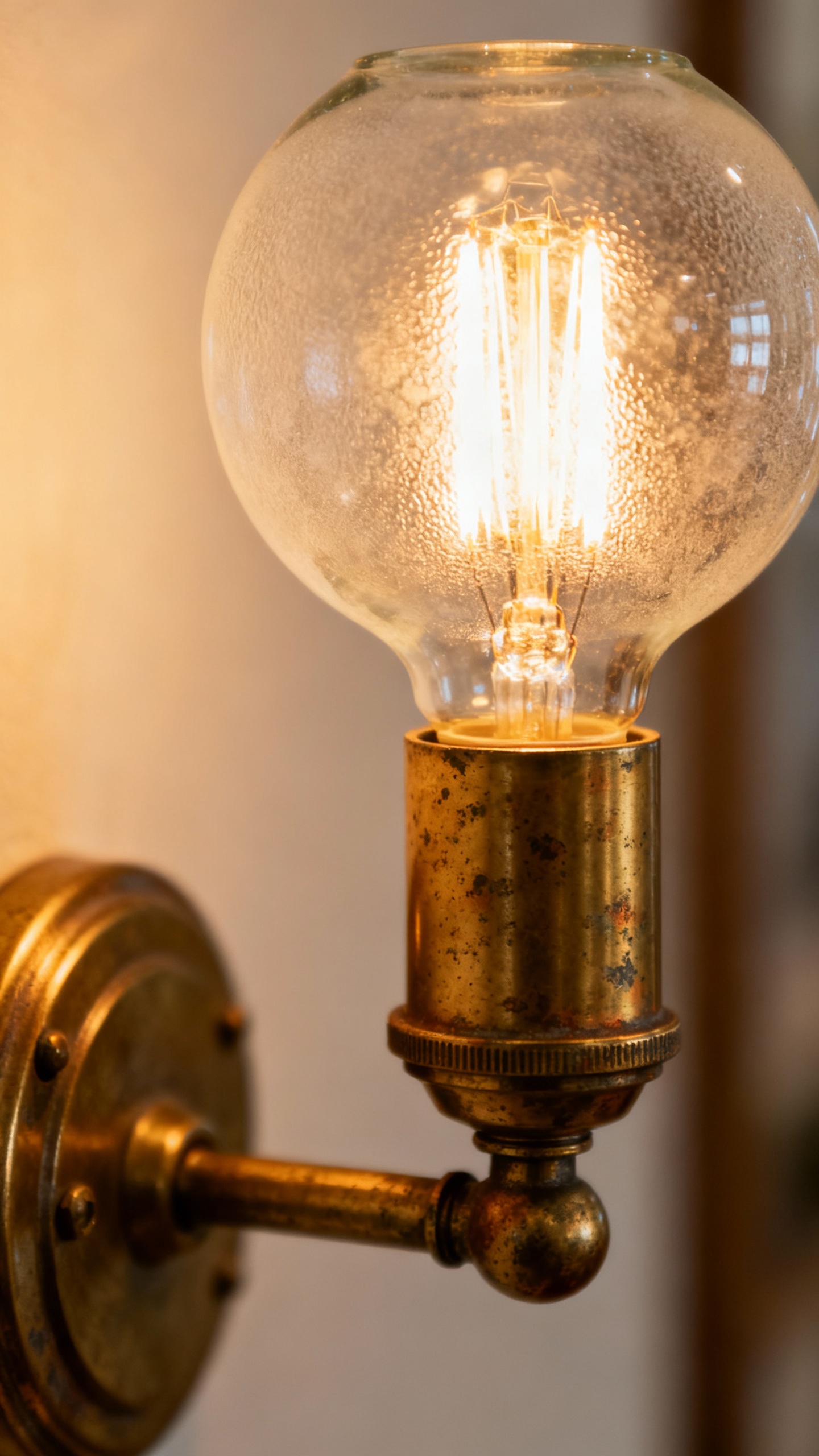 Closeup warm-dim LED Edison bulb in brass sconce, frosted shade