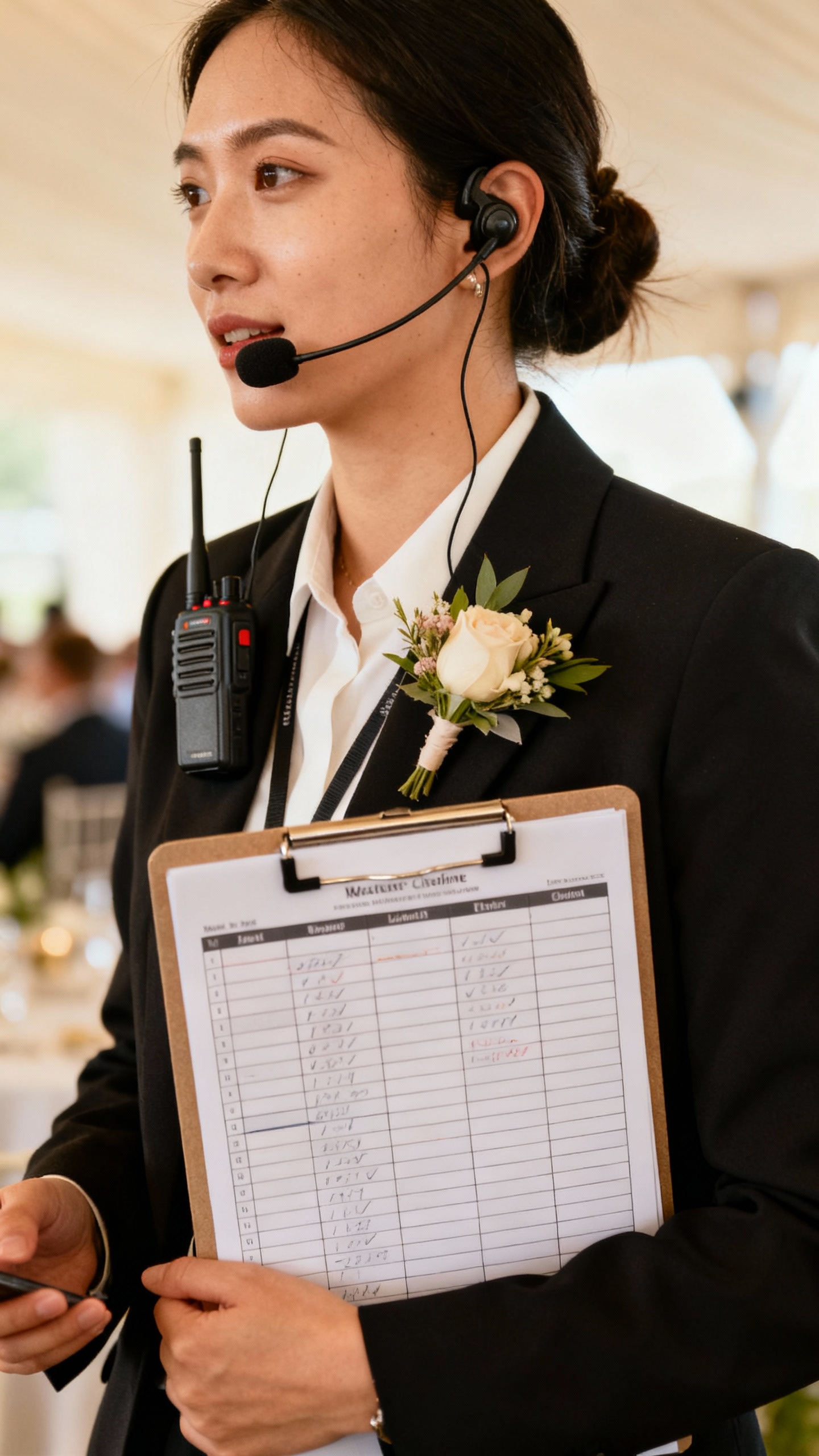 Coordinator holding master timeline clipboard, earpiece, walkie-talkie, boutonniere