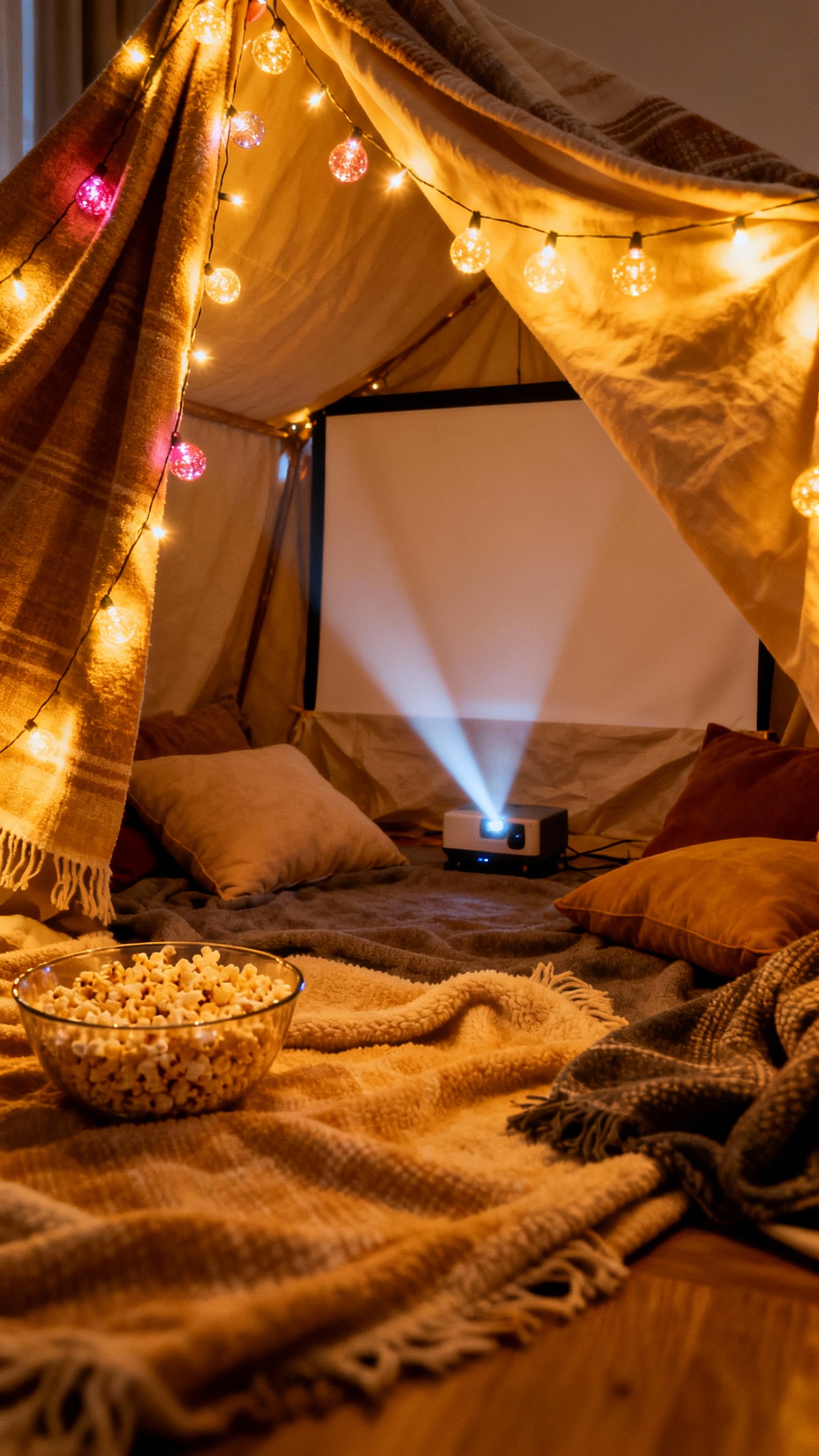 Cozy blanket fort cinema, fairy lights glowing, projector beam, popcorn bowl