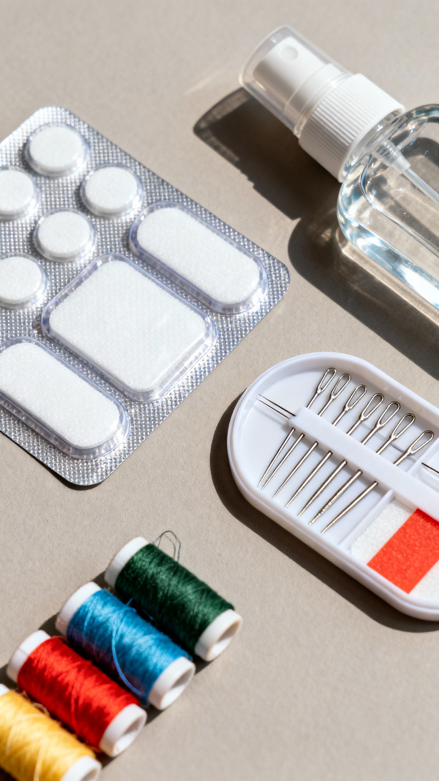 Detail shot of emergency kit items: blister pads, sewing kit, stain remover