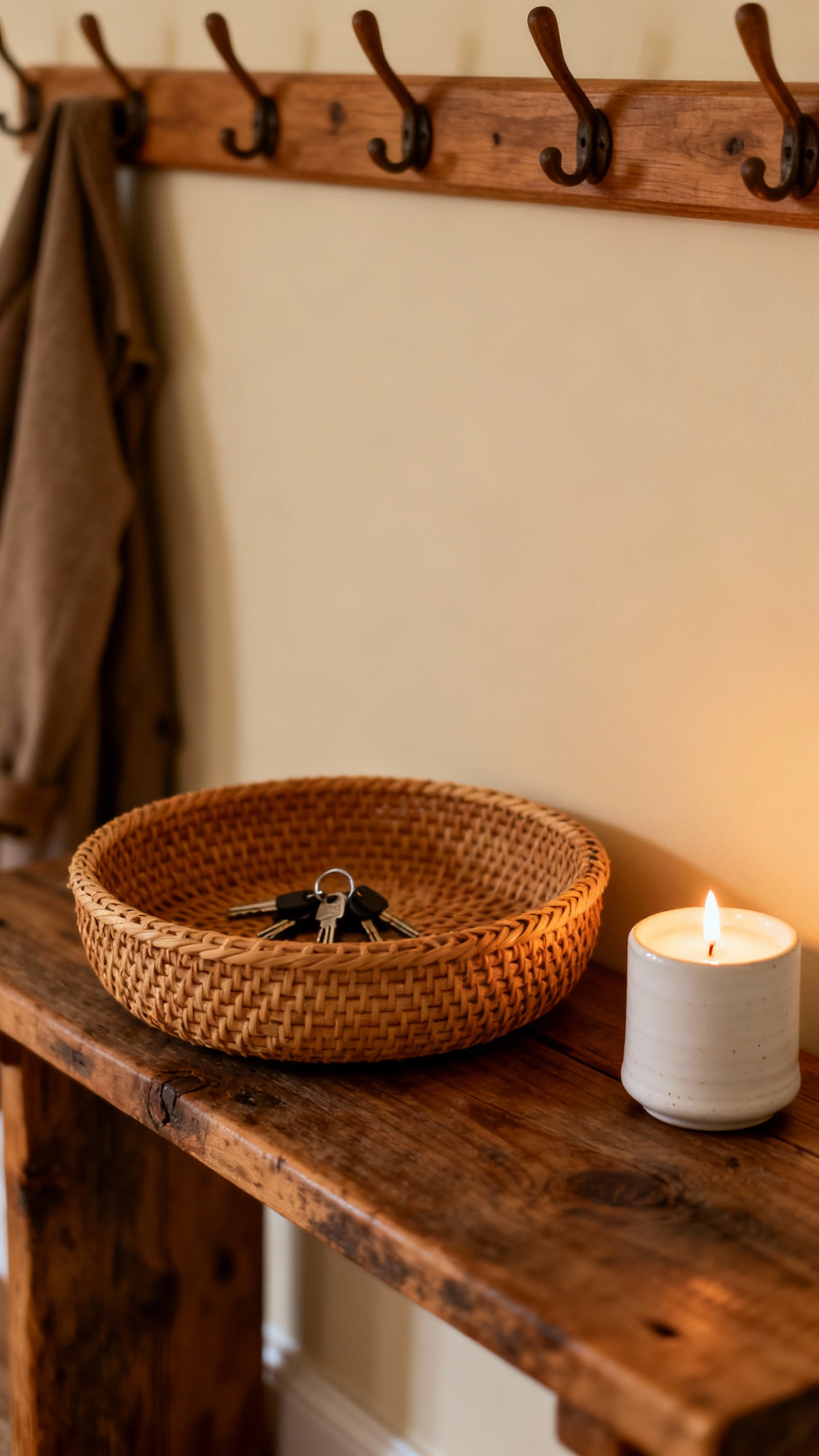Entryway drop zone with coat hooks, wicker key basket, lit vanilla candle