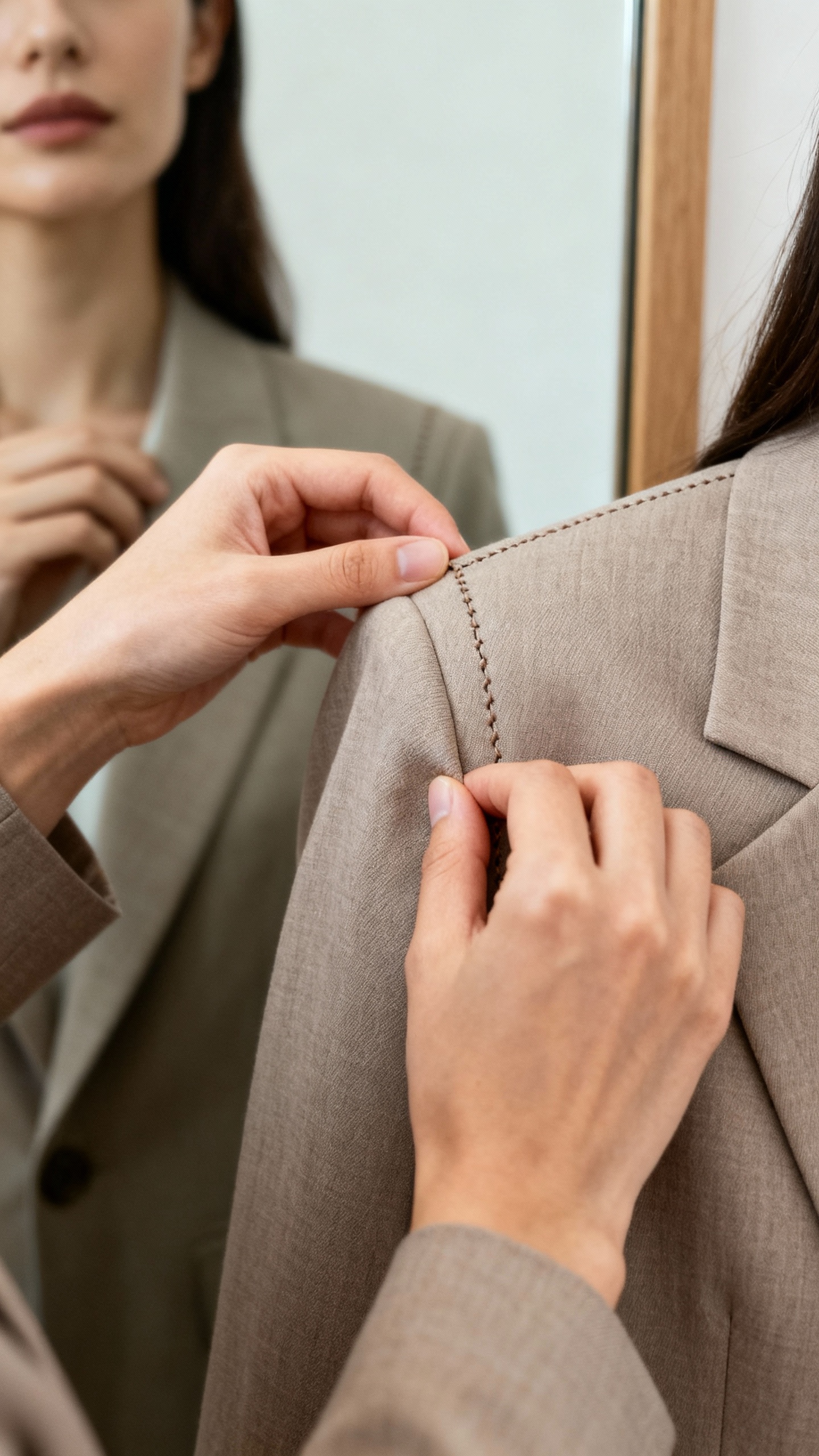 Female adjusting blazer shoulder seams, mirror closeup, tailored fit