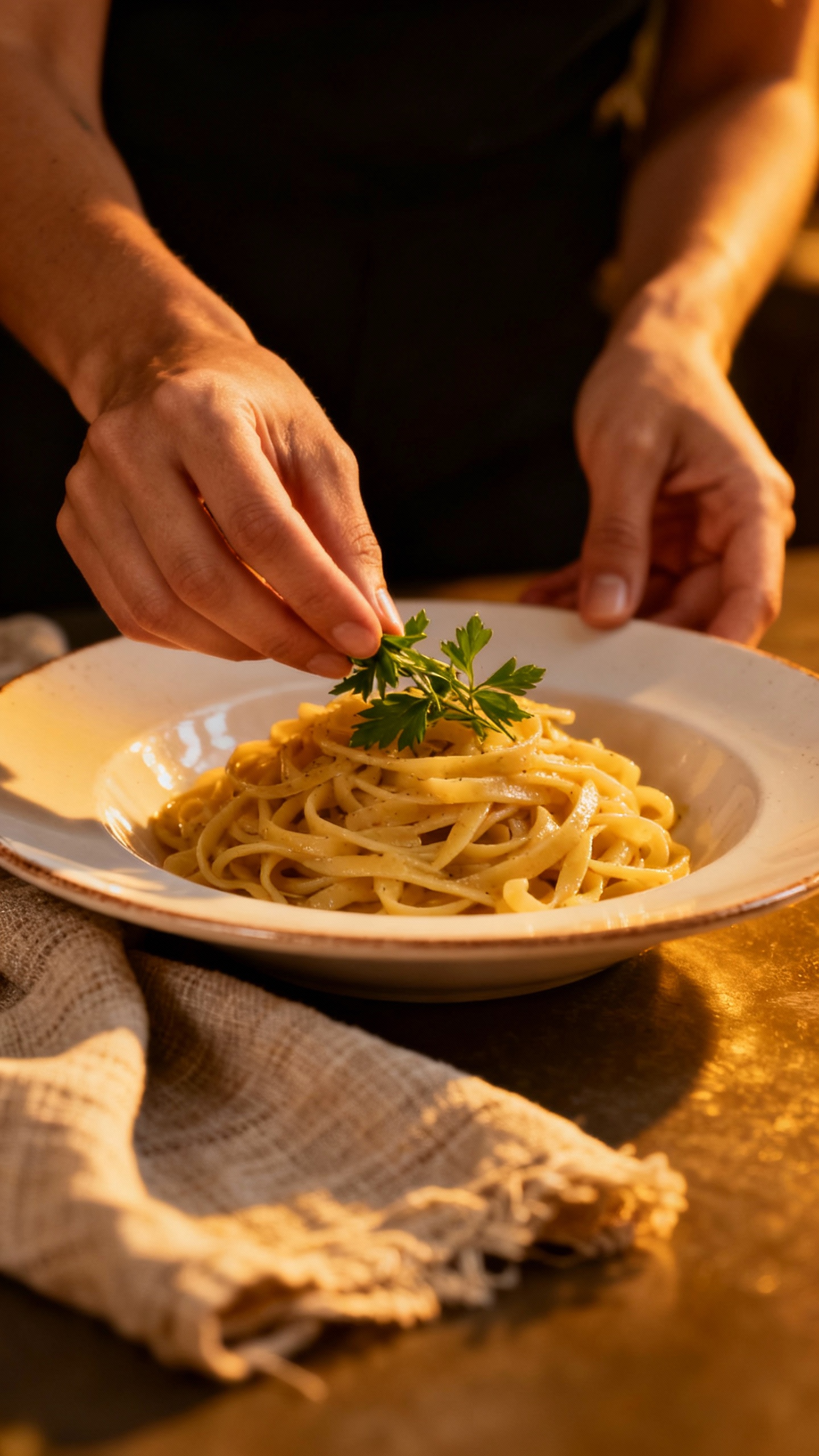 Female hands placing herb garnish on plated pasta, textured linen napkin, bossa nova ambiance