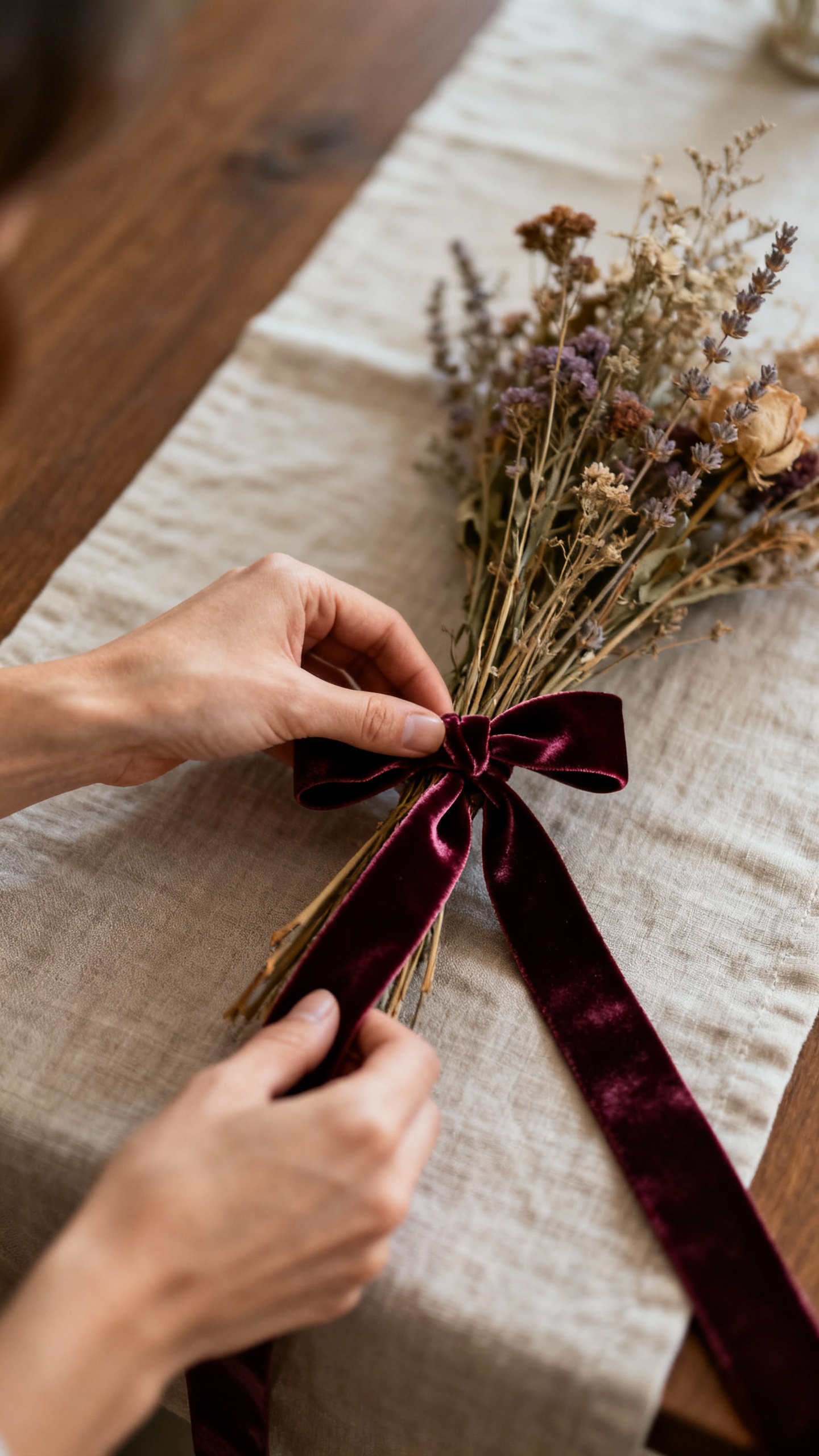 Female hands tying velvet ribbon on dried florals, muted tones, linen table runner