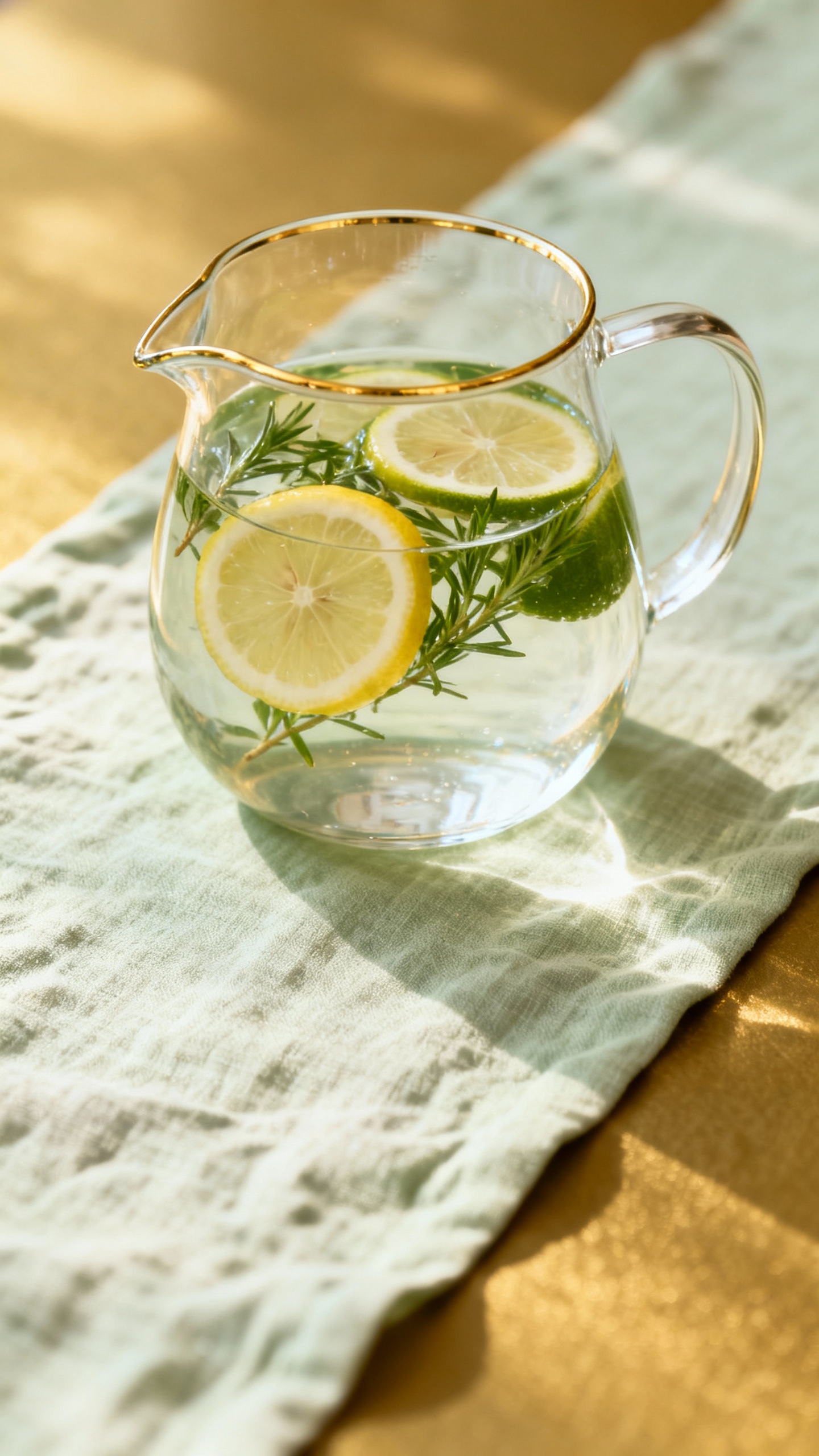 Glass pitcher of citrus herb water on linen runner, gold accents