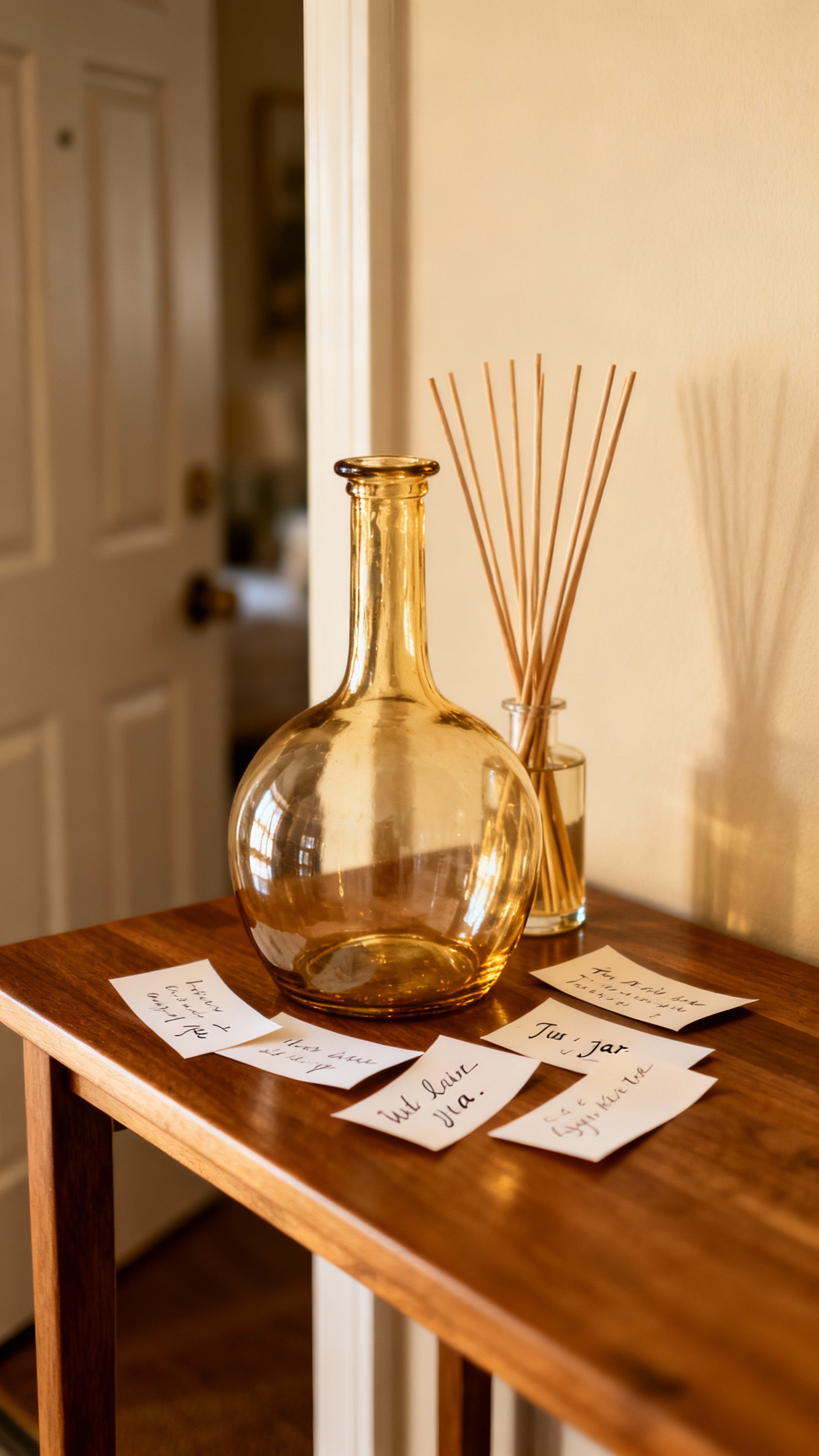 Glass “win jar” on tidy entry table, handwritten slips, reed diffuser, soft sunlight