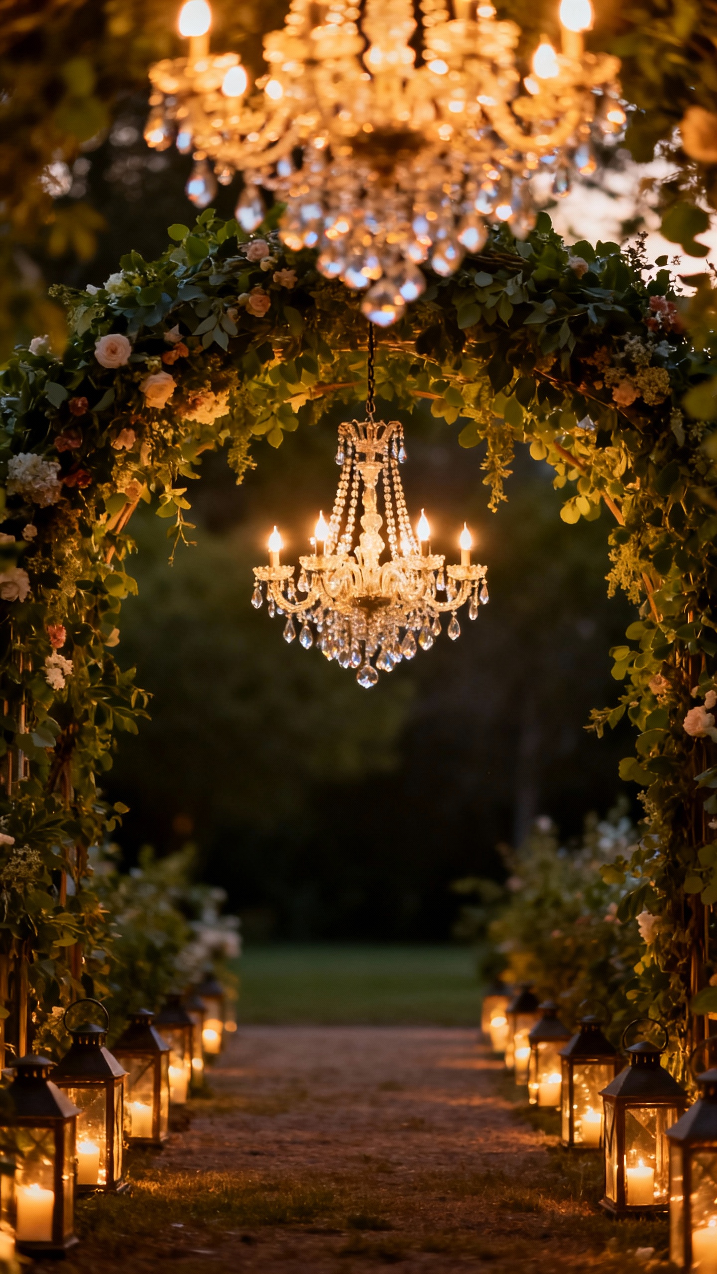 Greenery floral arch with hanging chandeliers above aisle lanterns, evening light