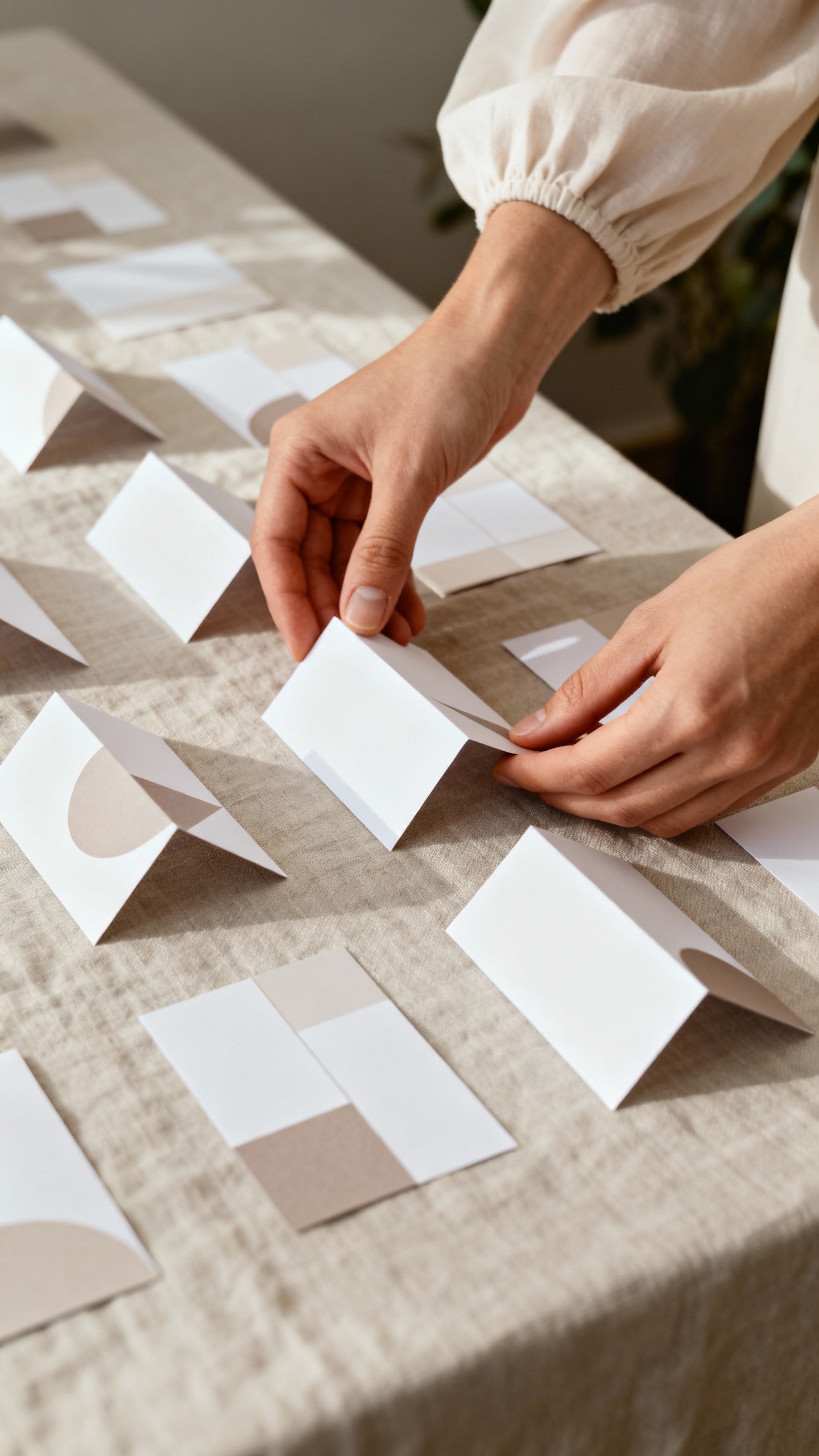 Hands arranging escort cards on linen table, minimalist design