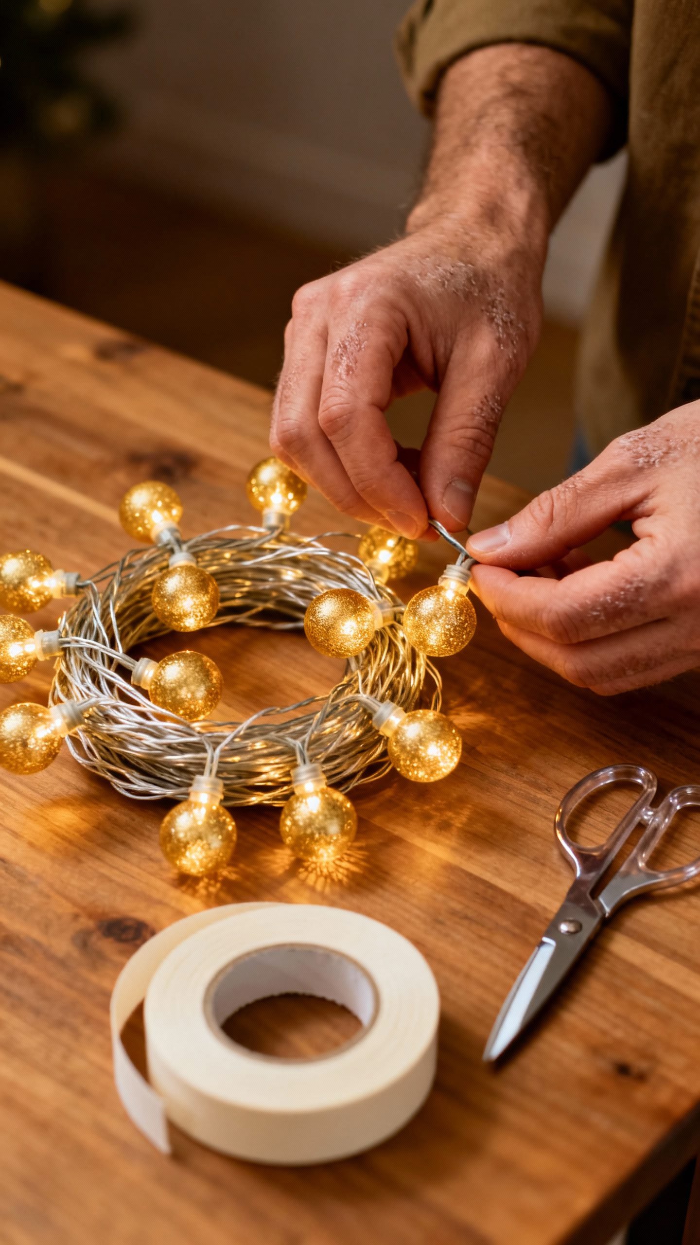 Hands arranging string lights; golden bulbs, masking tape, scissors
